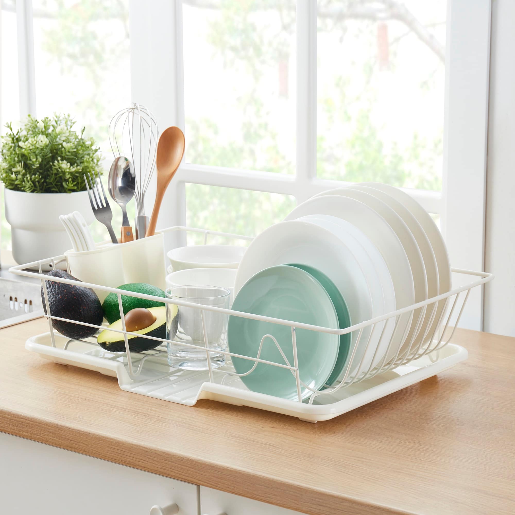 Front. Sweet Home Collection - Steel 3-Piece Large Countertop Dish Drainer with Drain Board & Utensil Holder - Ivory.