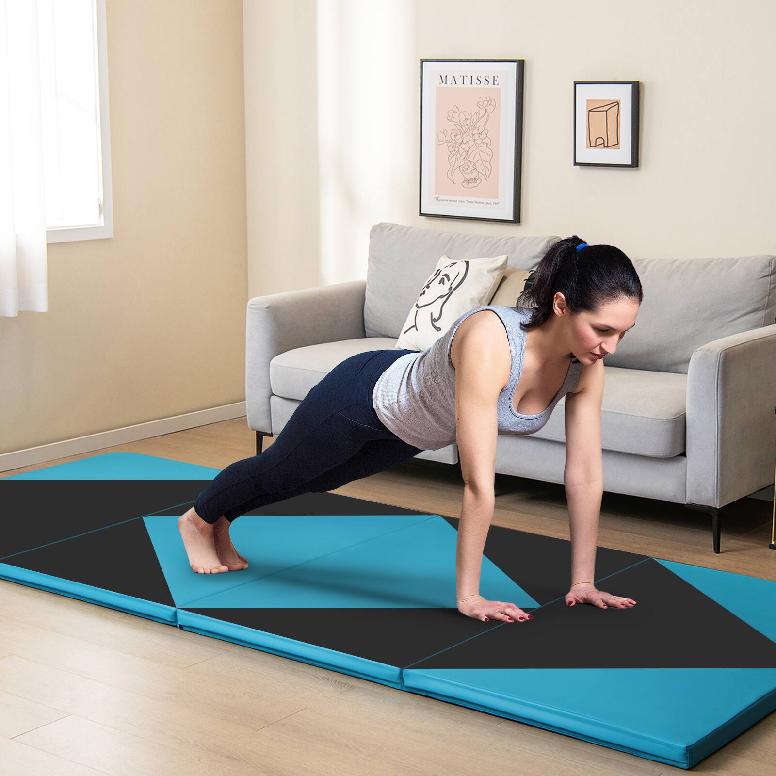 Alt View 3. Costway - Costway Gymnastics Gym Mat 4-Panel Folding Lightweight Gymnastics Tumbling Mat with Hook - Blue,Black.