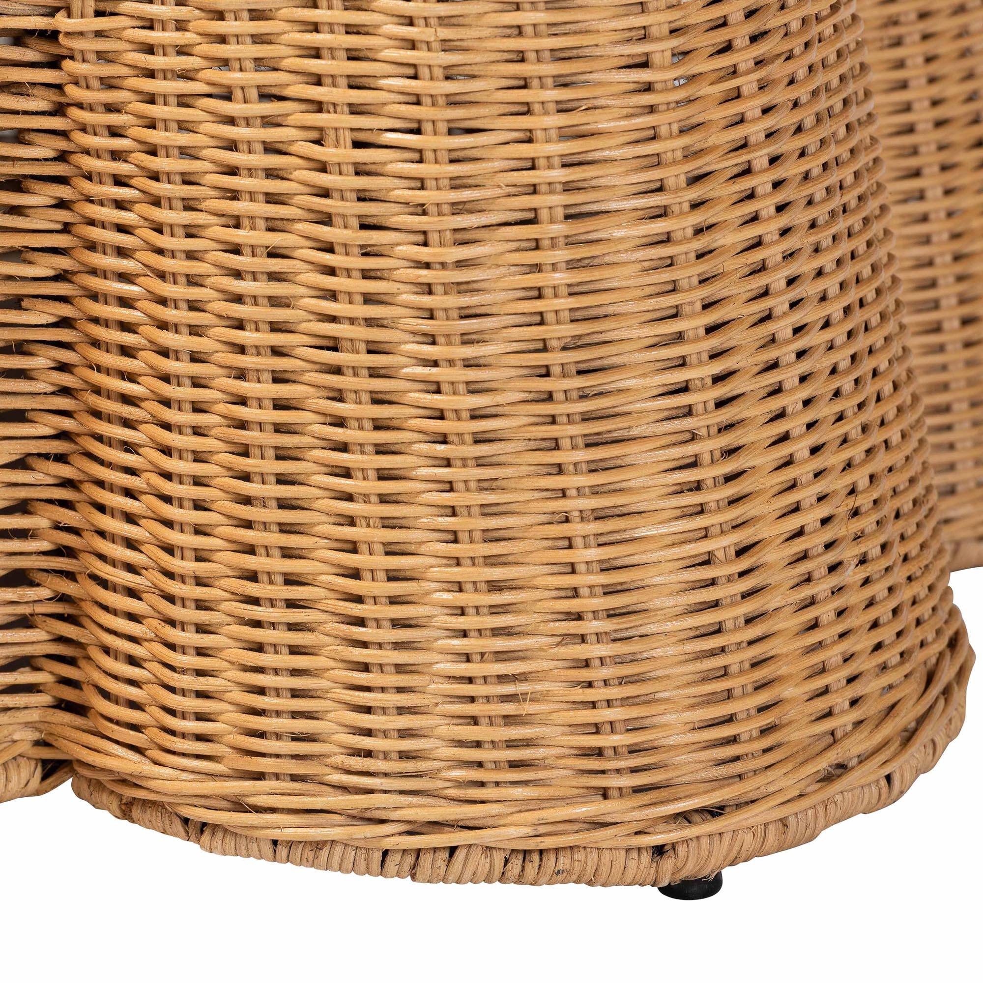 Alt View 1. bali & pari - Palm Scallop Natural Rattan Ottoman with Cushion – Handwoven Wicker Accent Bench - Light Honey.