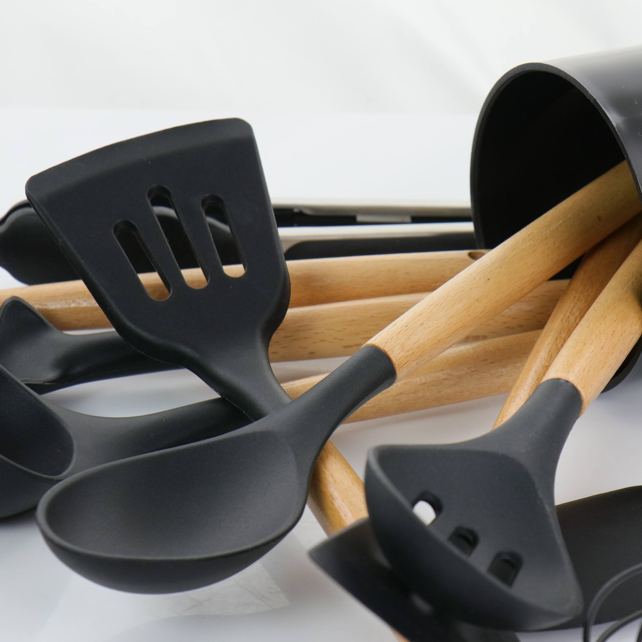 Alt View 4. MegaChef - MegaChef Black Silicone and Wood Cooking Utensils, Set of 12 - Black.