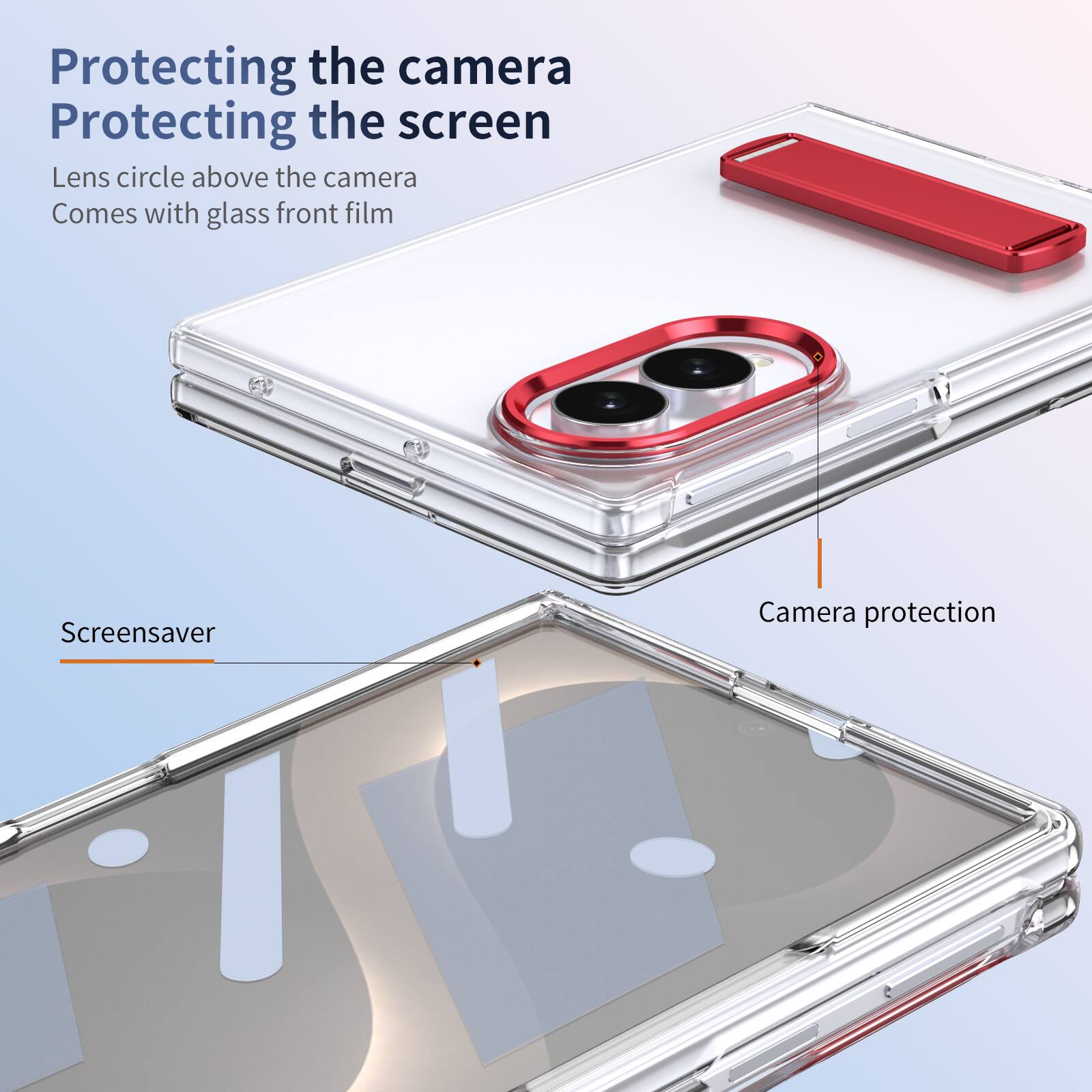 Protecting the camera  
Protecting the screen  
Lens circle above the camera  
Comes with glass front film  

Screensaver  
Camera protection