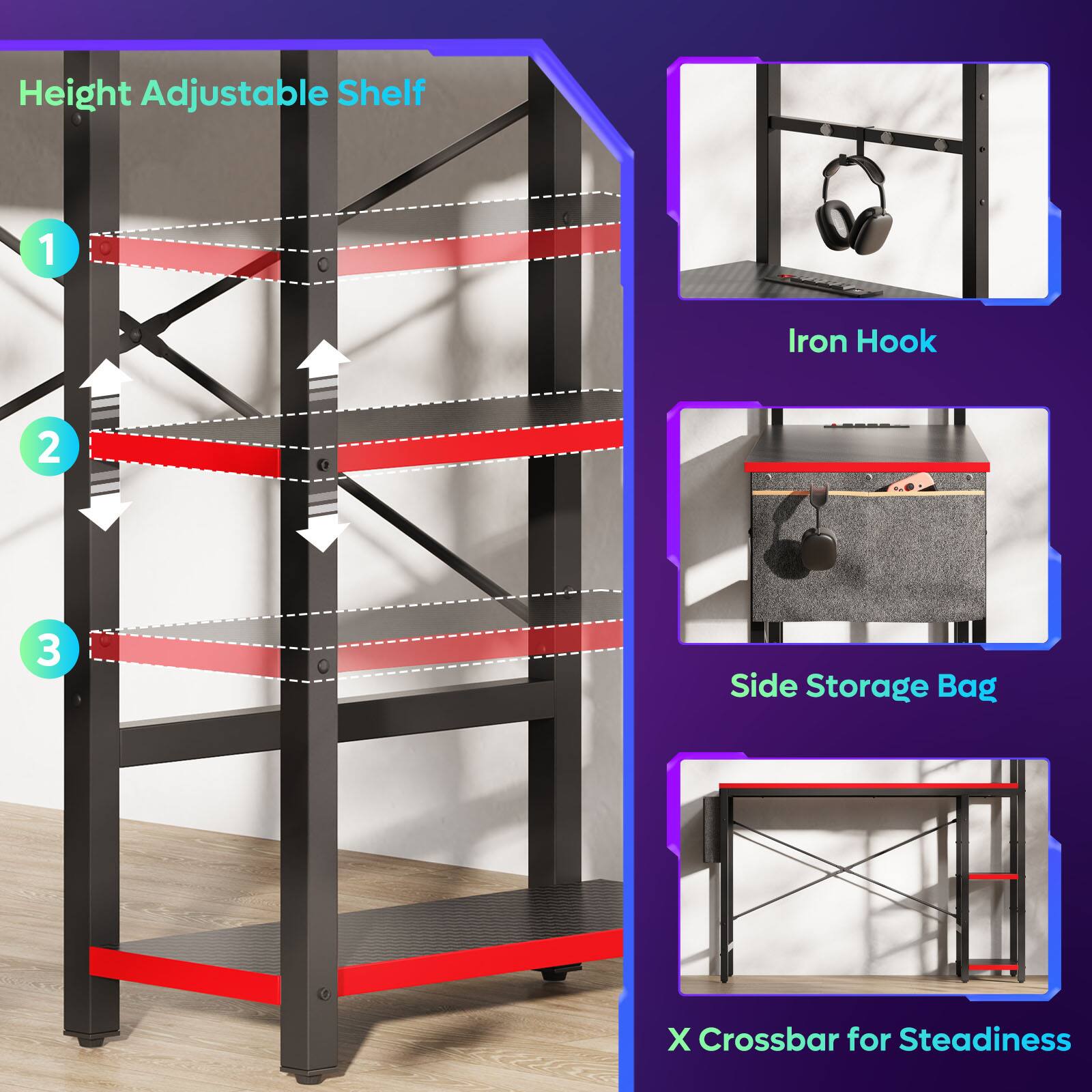 The text on the image is grouped and corrected as follows:

Height Adjustable Shelf:

* Shelf with red and black racks
* Shelf with red and black racks
* Shelf with red and black racks

Iron Hook:

* Iron Hook
* Iron Hook
* Iron Hook

Side Storage Bag:

* Side Storage Bag
* Side Storage Bag
* Side Storage Bag

X Crossbar for Steadiness:

* X Crossbar for Steadiness
* X Crossbar for Steadiness
* X Crossbar for Steadiness