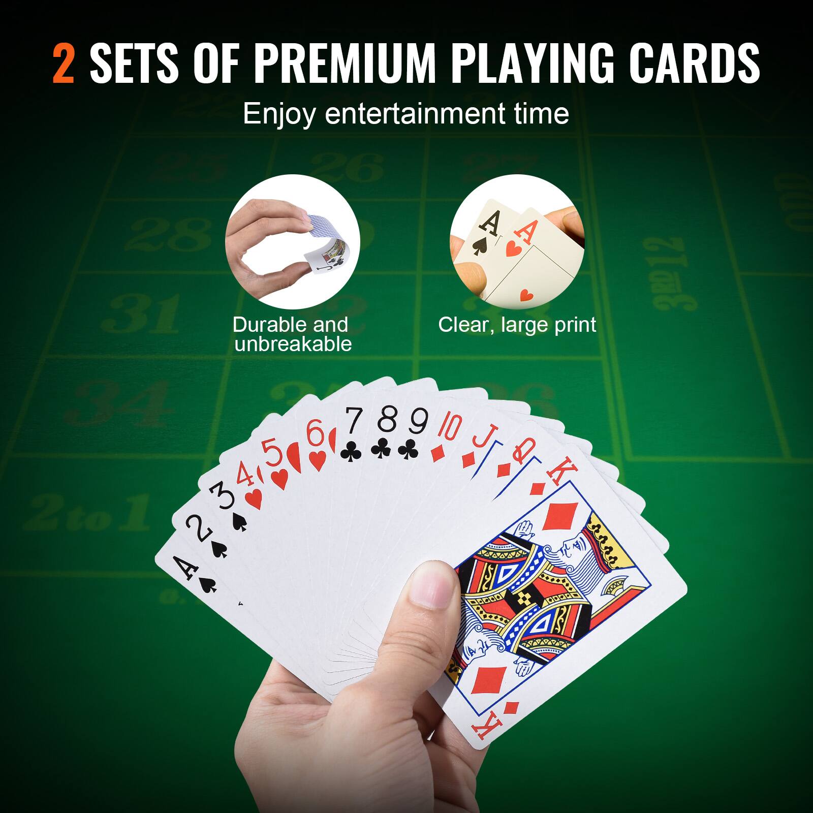 2 SETS OF PREMIUM PLAYING CARDS Enjoy entertainment time

Durable and unbreakable

Clear, large print

2 to 1
3 to 2
A
2
3
4
5
6
7
8
9
10
J
Q
K