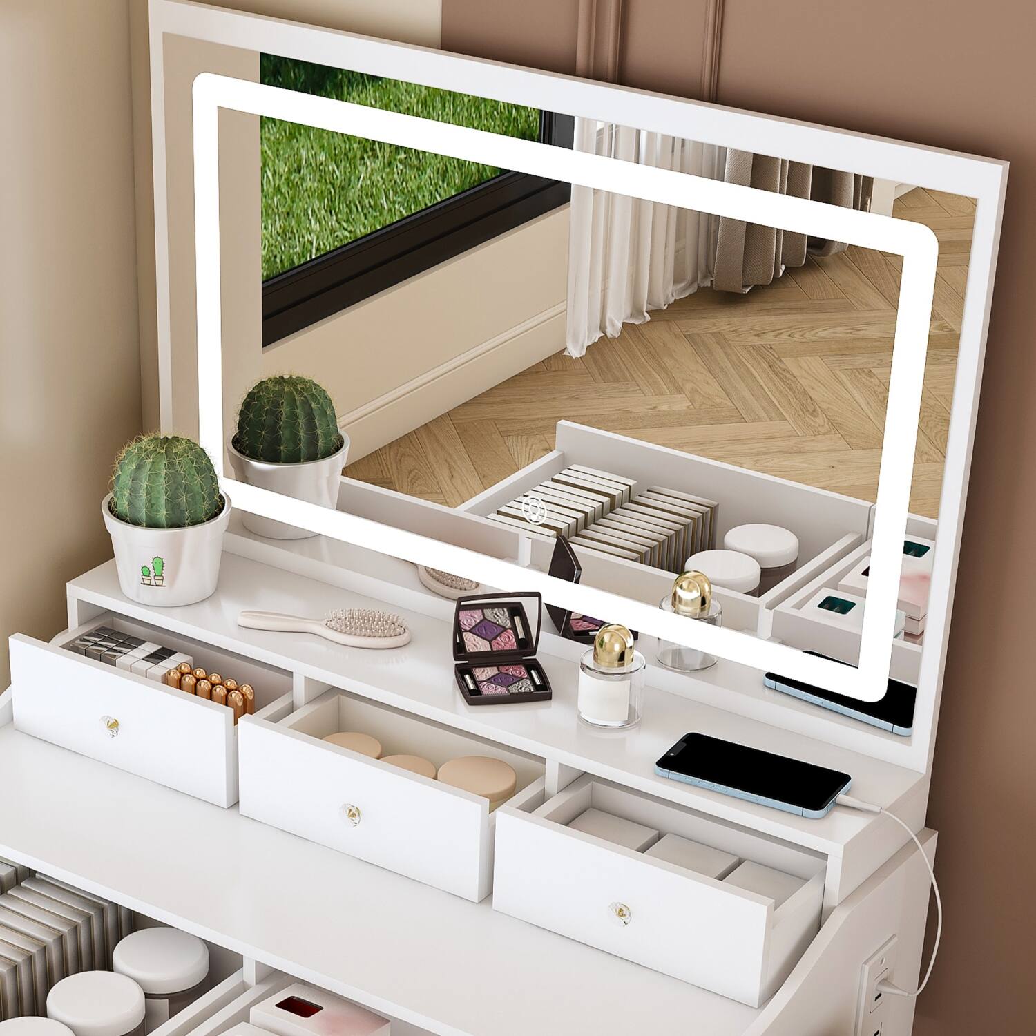 Alt View 4. Lirago - Modern Wood Dresser Table with Large Mirror 5 Drawers Power Outlet White 15.75”D x 30.3”W x 53.1”H - White.