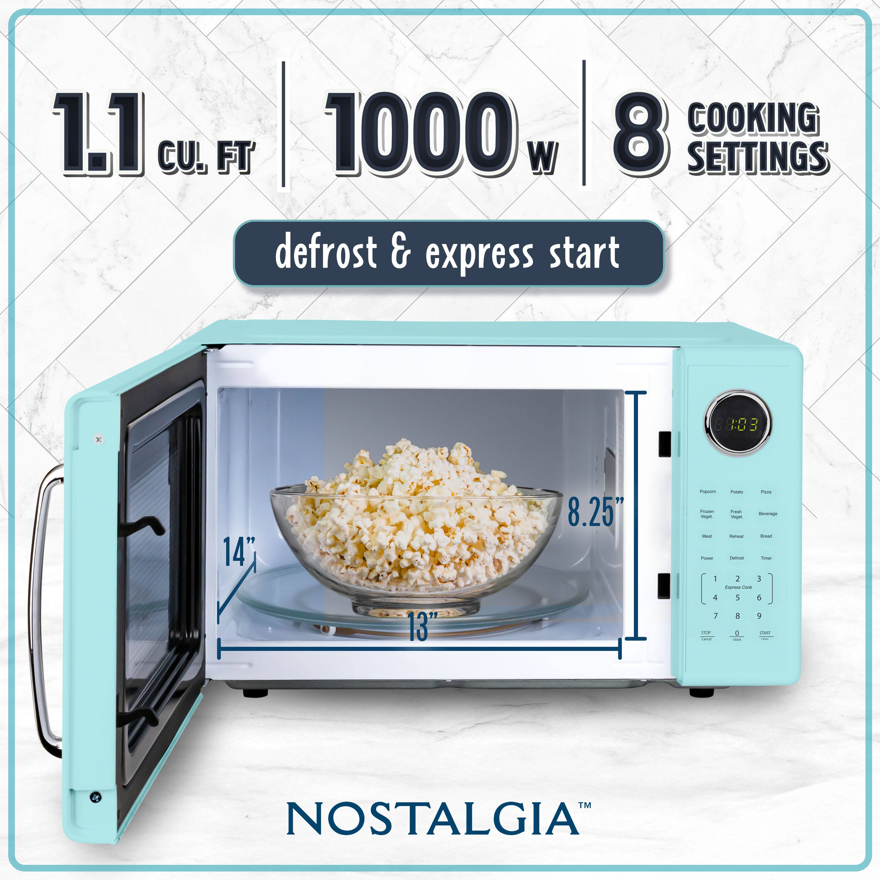 1.1 cu. ft. | 1000 w | 8 COOKING SETTINGS  
defrost & express start  

14" | 13" | 8.25"  

NOSTALGIA™