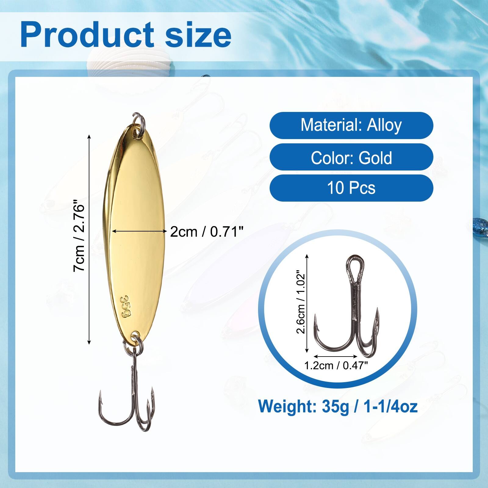 Product size: 7cm / 2.76"  
Material: Alloy  
Color: Gold  
10 Pcs  
Weight: 35g / 1-1/4oz