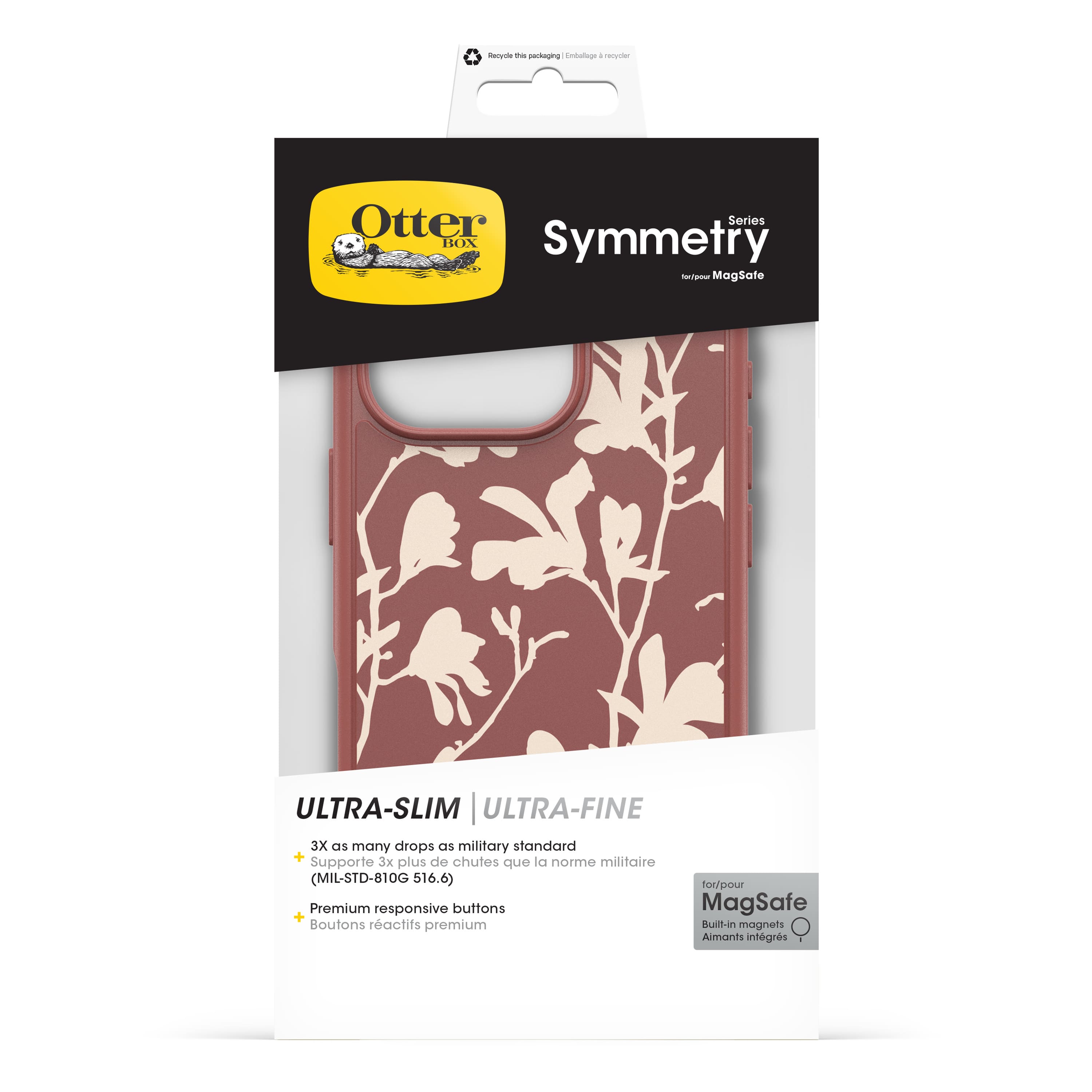 OtterBox Symmetry Case for iPhone 13 Pro Max - MagSafe Ultra-Slim, Ultra-Fine - 3X as many drops as military standard (MIL-STD-810G 516.6) - Premium responsive buttons - MagSafe + Built-in magnets - Black and Pink Floral Pattern