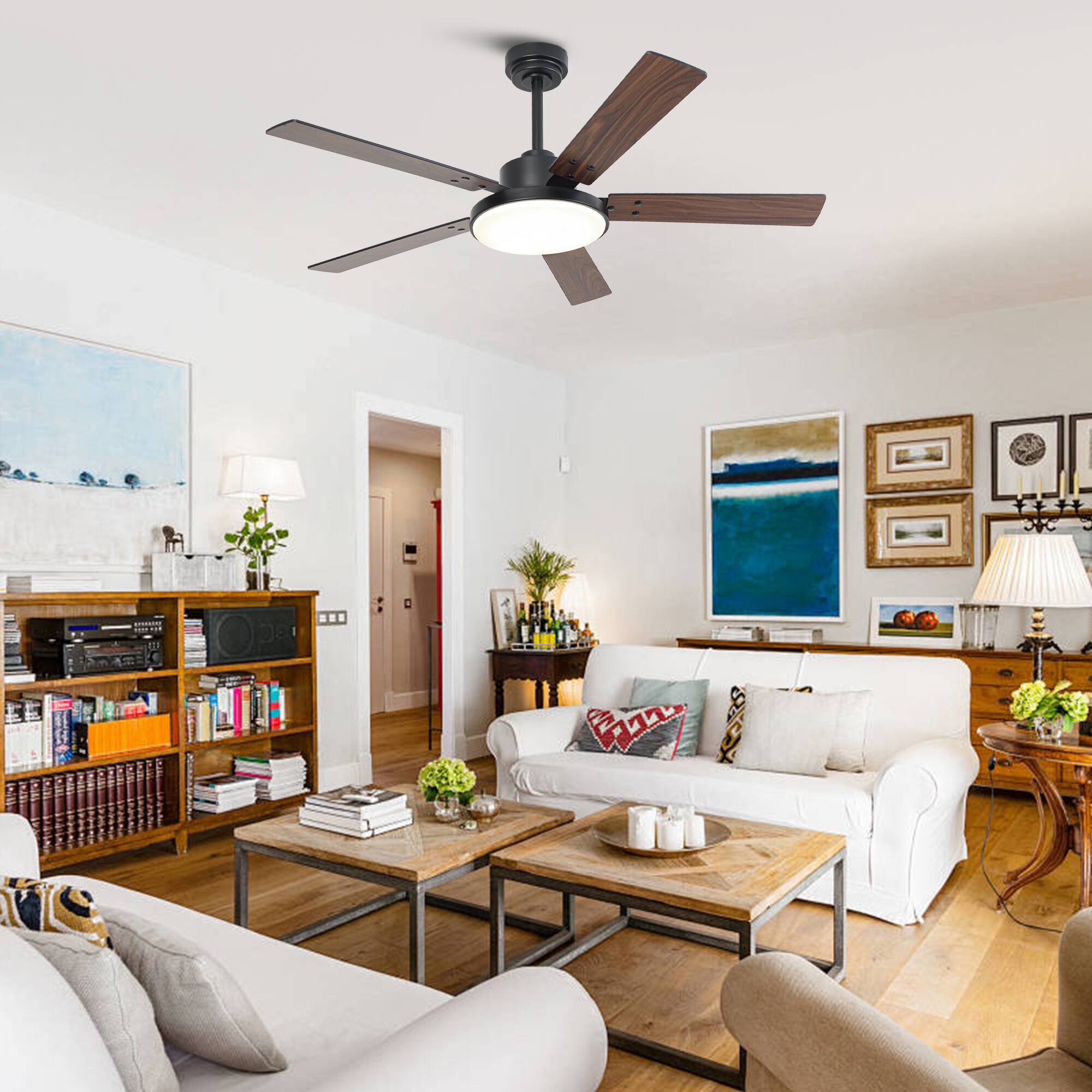 Alt View 1. Vaczon - 52" Modern Black 6 Speed DC Motor Ceiling Fan with Light and Remote - Black.