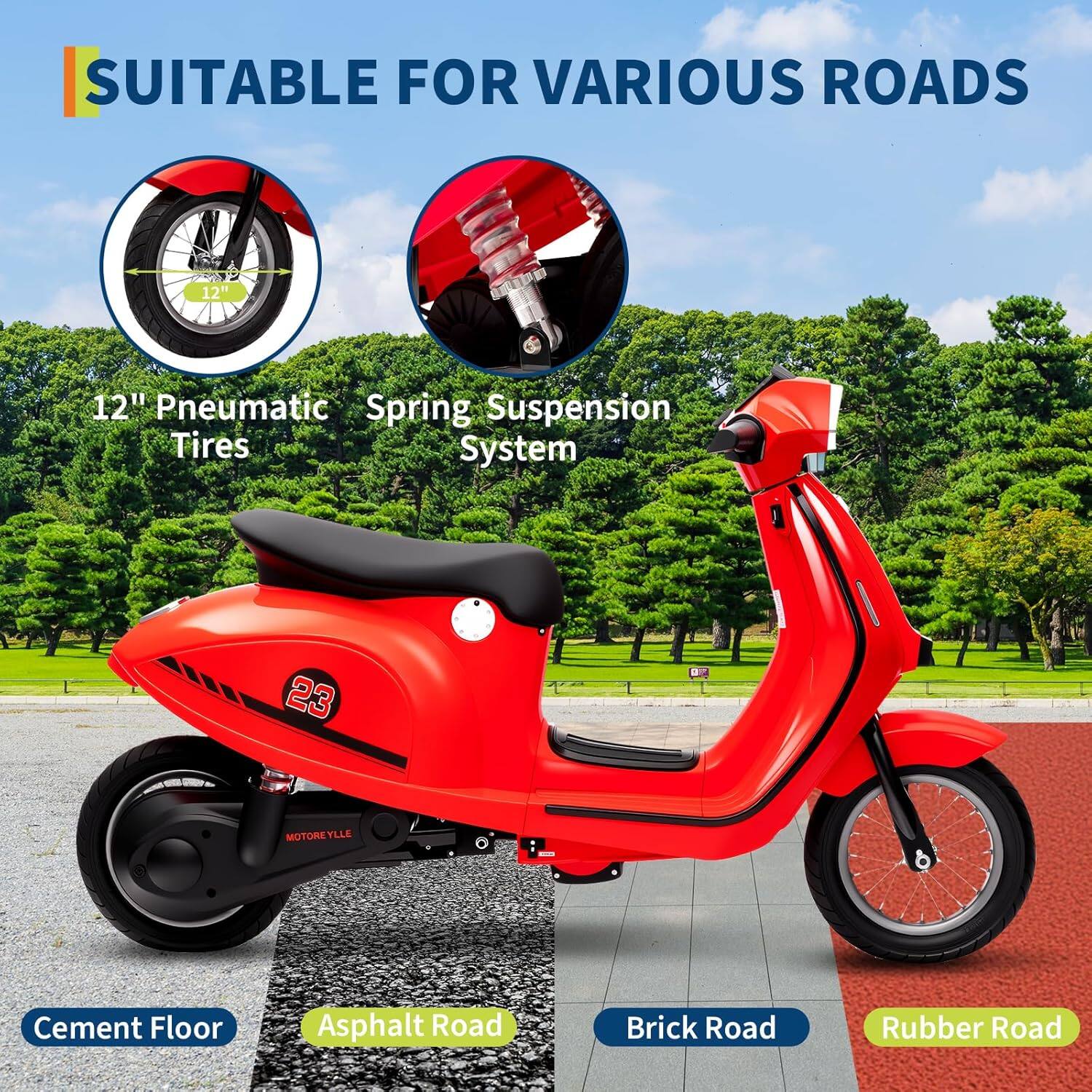 SUITABLE FOR VARIOUS ROADS

12" Pneumatic Spring Suspension Tires System

Cement Floor
Asphalt Road
Brick Road
Rubber Road