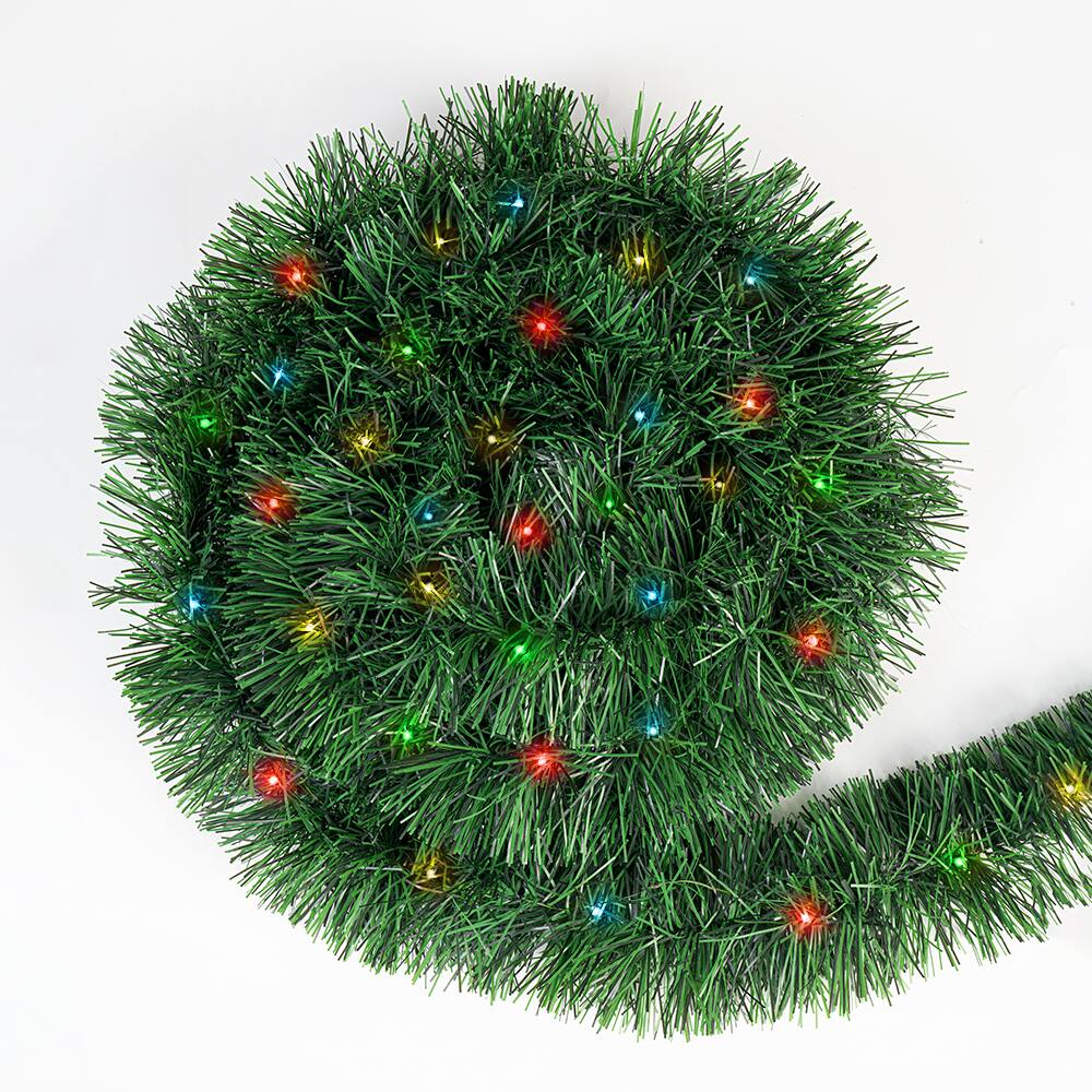 Front. MOVSSOU - 50 Ft Christmas Garland 100 LED Pre-lit Garland Green Artificial Pine Decorative Garland Xams Decor Multi-Color Lights - green.