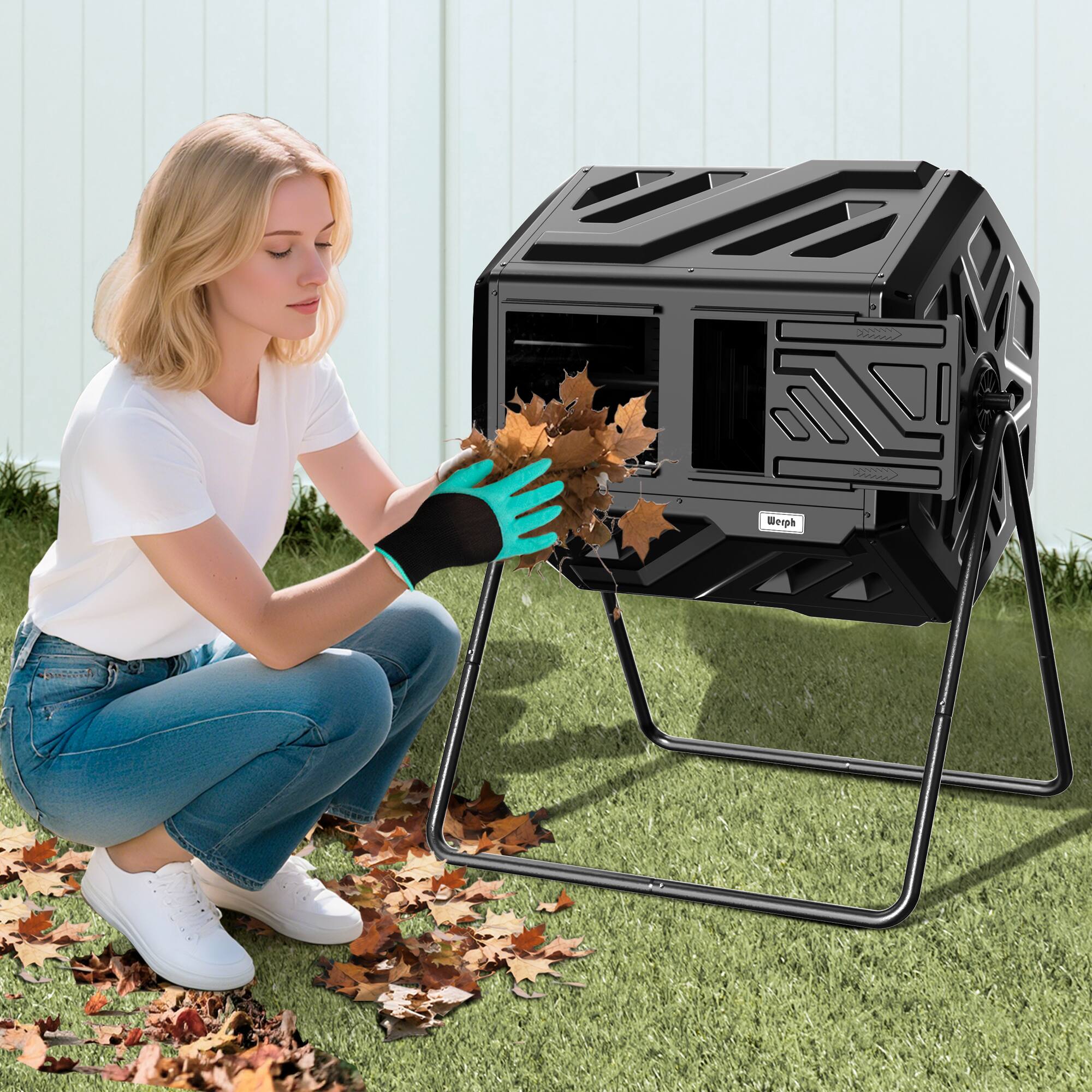 Alt View 1. Werph - 43 Gallon Dual Chamber Compost Tumbler, Fast Assembly with Gloves, 360° Rotating for Garden, Kitchen & Yard Waste - Black.