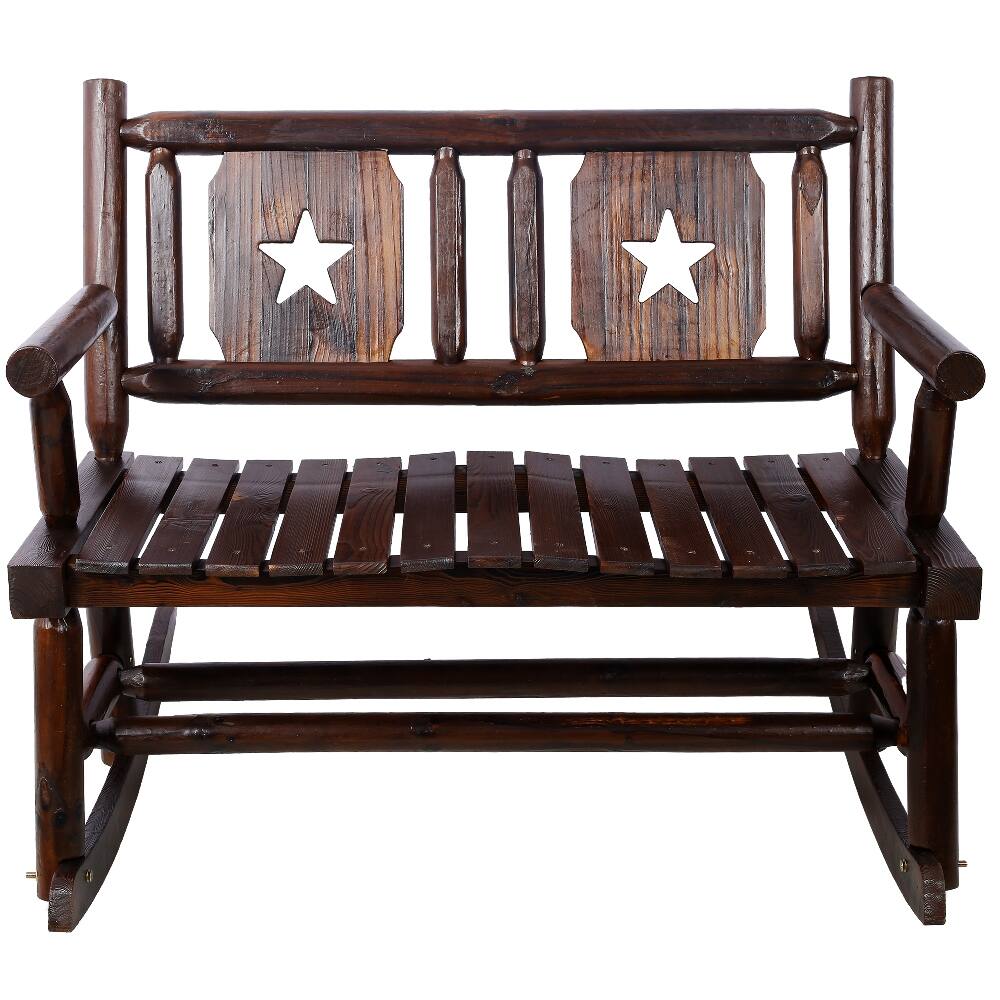 Alt View 7. Loheer - Loheer Outdoor Wood Rocking Bench, Carbonized Double Rocking Chair, Rustic Brown Porch Rocker - Rustic Brown.