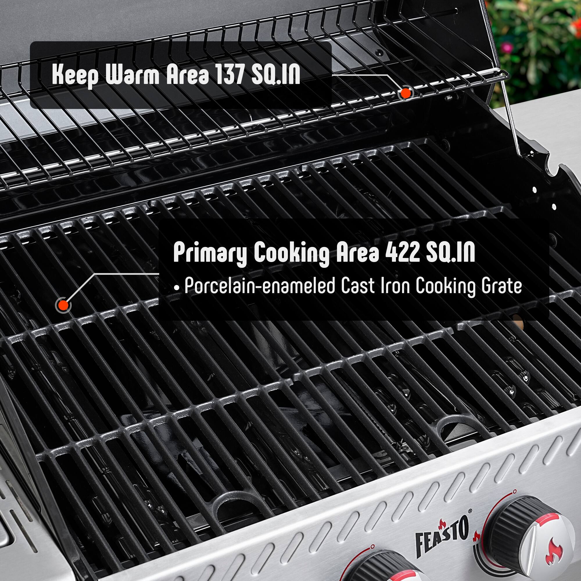 Keep Warm Area 137 SQ.IN

Primary Cooking Area 422 SQ.IN
- Porcelain-enamelled Cast Iron Cooking Grate