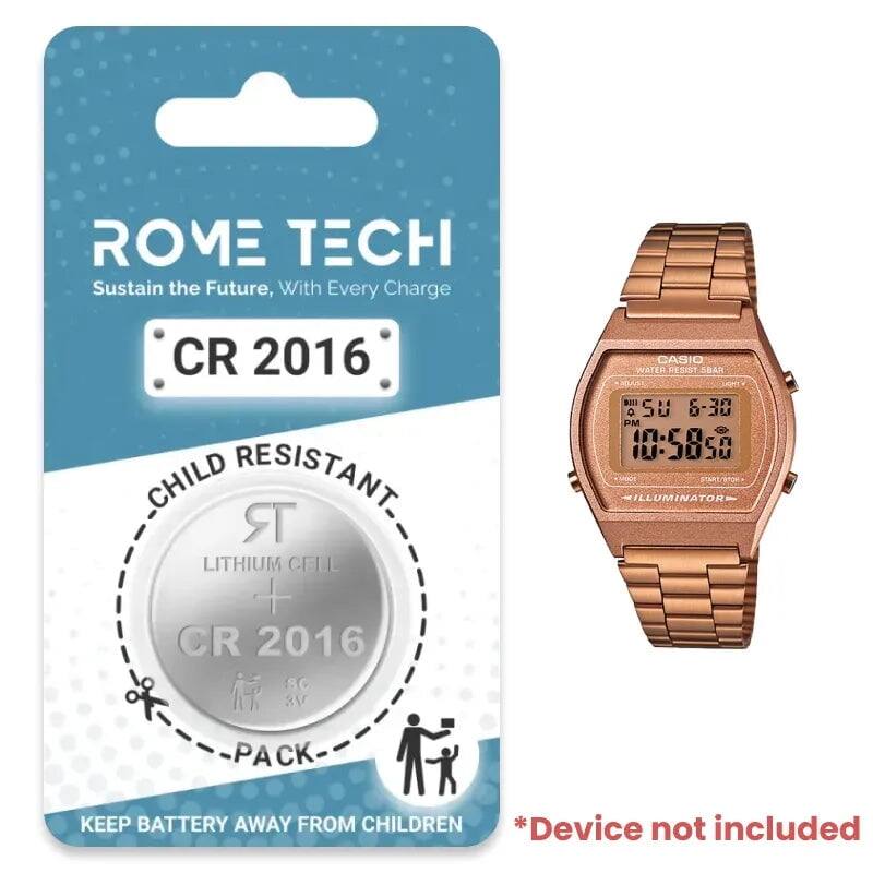 ROME TECH  
Sustain the Future, With Every Charge  

CR 2016  
CHILD RESISTANT  
LITHIUM CELL  
CR 2016  

PACK  

KEEP BATTERY AWAY FROM CHILDREN  

*Device not included