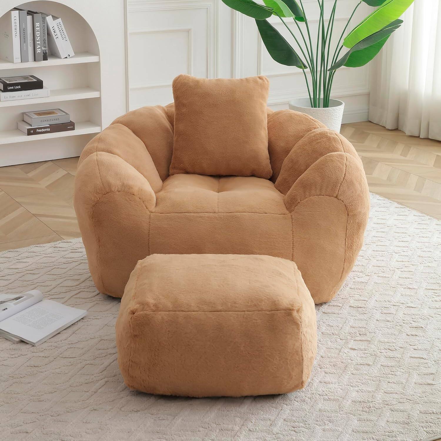 Trinkets Crazed - Oversized Bean Bag, Giant Bean Bag Chair with Footstool for Adults and Kids - khaki - Thumbnail 2