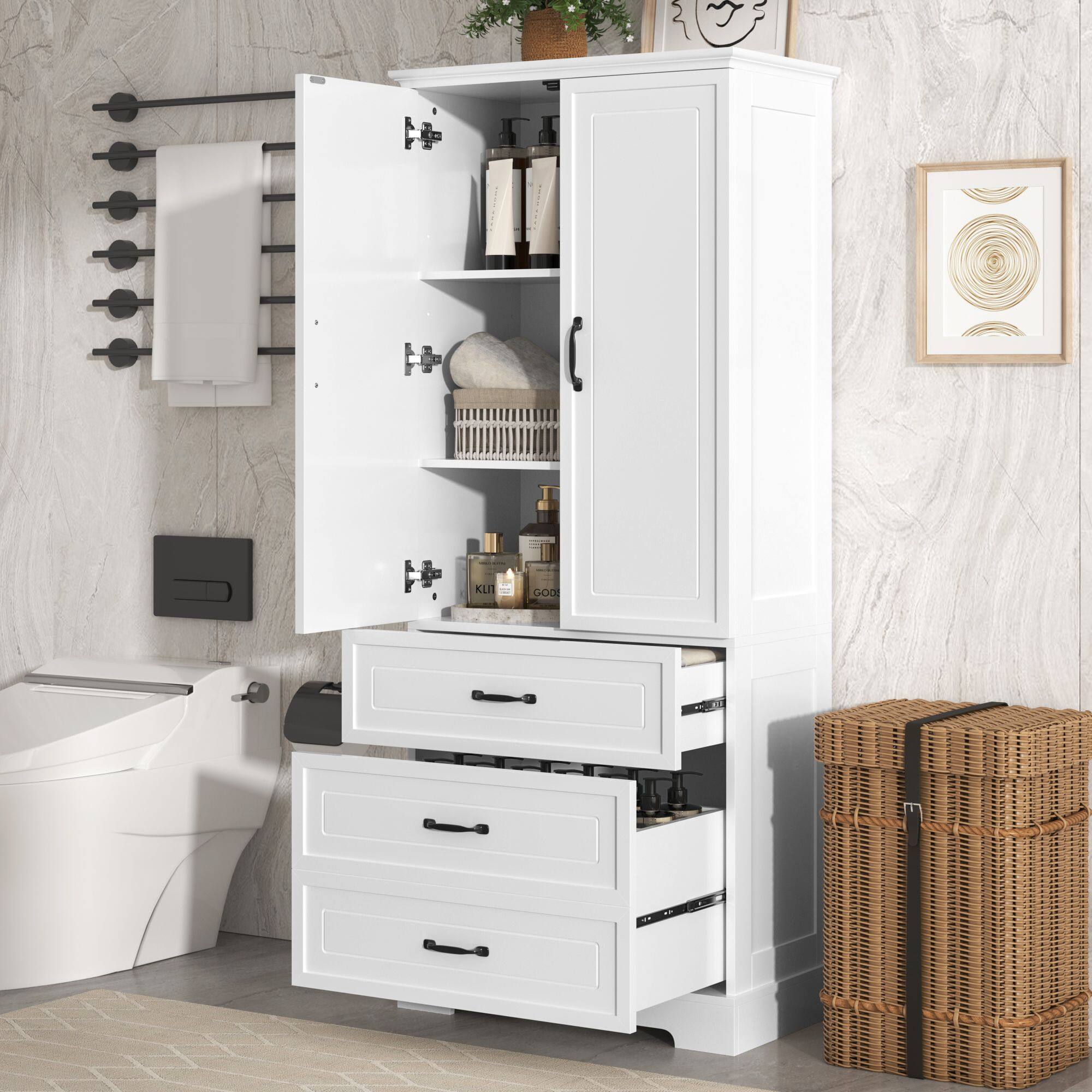 Mirfee - Tall Bathroom Storage Cabinet with 2 Doors, Drawers, Adjustable Shelf, MDF - White
