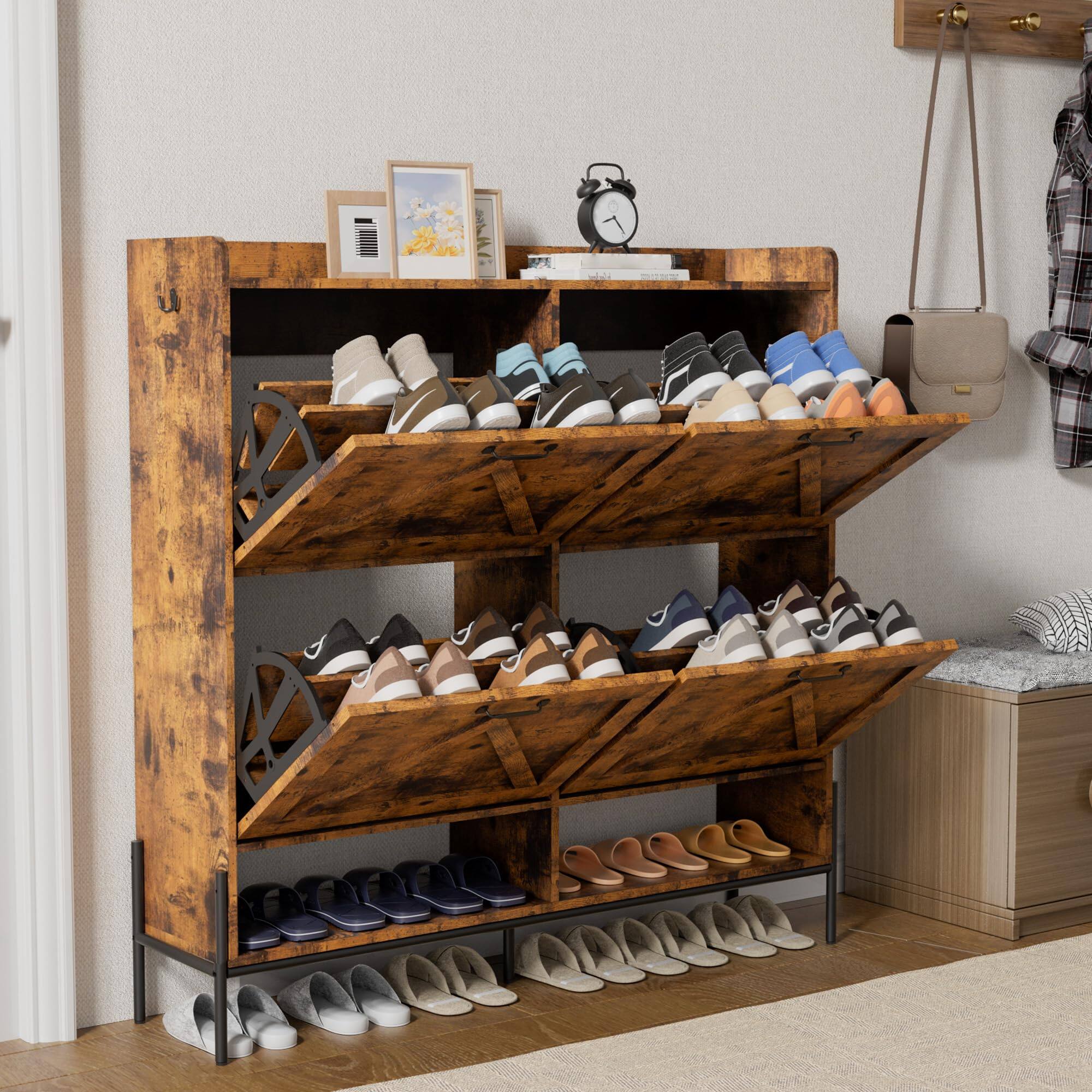 Alt View 4. Jojoka - Shoe Cabinet with 4 Flip-Up Drawers Hidden Shoe Storage Cabinet with Open Storage for Entryway Shoe Organizer Cabinet - Brown.