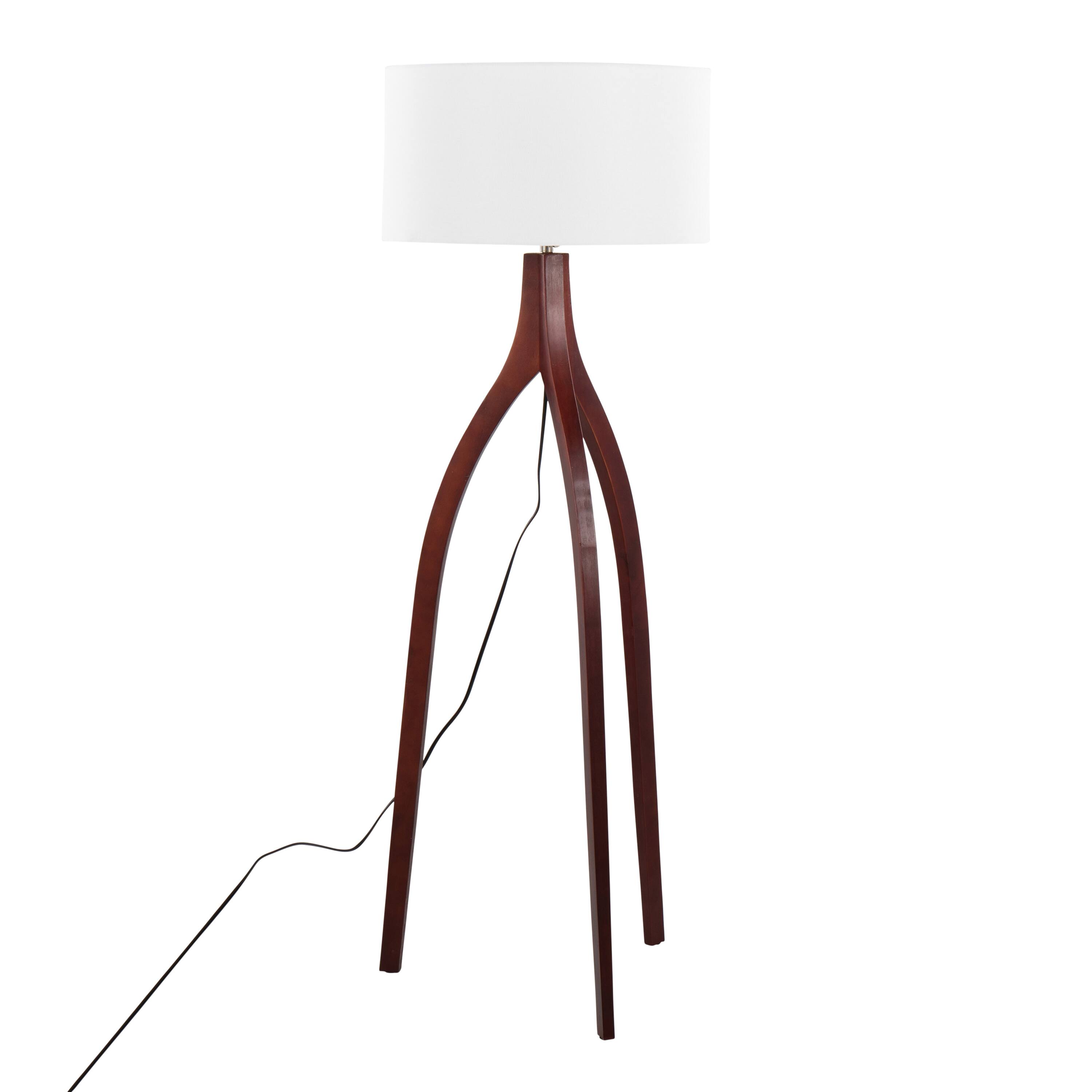 Back. Loheer - Loheer Wishbone Contemporary Floor Lamp Walnut Wood White Fabric Shade Mid Century Modern Standing Light for Living Room - Walnut.