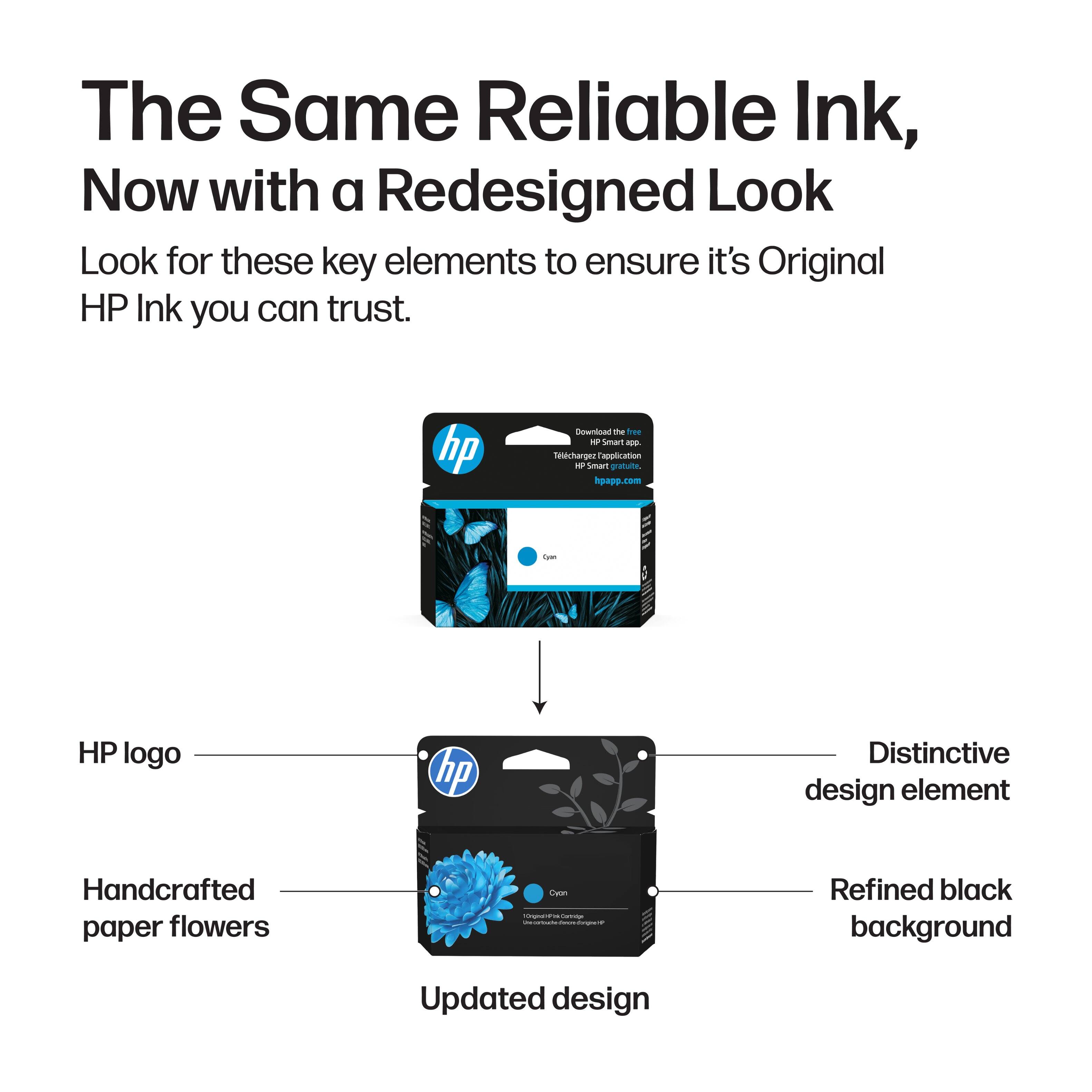 The Same Reliable Ink, Now with a Redesigned Look

Look for these key elements to ensure it's Original HP Ink you can trust.

- HP logo
- Distinctive design element
- Handcrafted paper flowers
- Refined black background
- Updated design