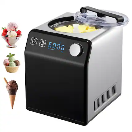 Front. Glintex - Upright Automatic Ice Cream Maker with Built-in Compressor, 2Qt Gelato & Yogurt Machine, 4 Modes, Digital Timer - Black & Silver.