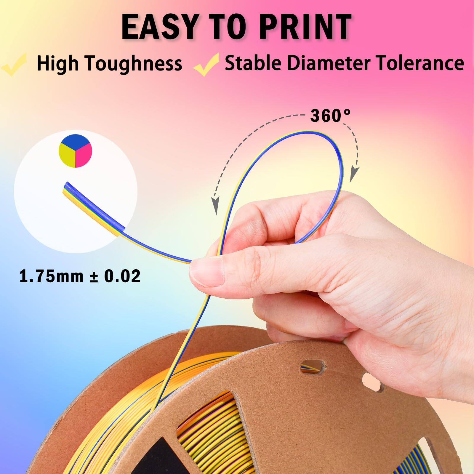 EASY TO PRINT  
High Toughness  
Stable Diameter Tolerance  
1.75mm ± 0.02  
360°