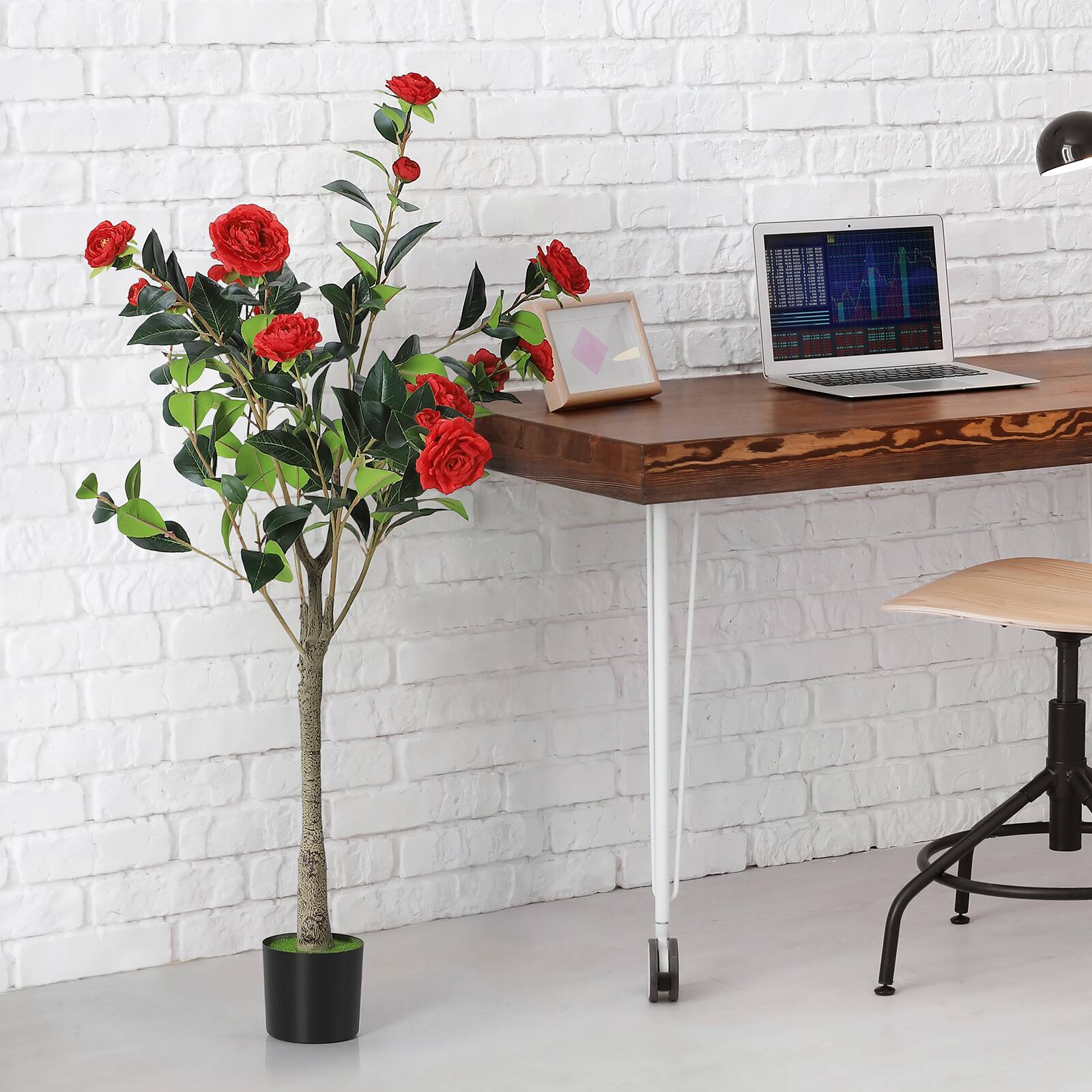 Alt View 3. Oumilen - 2 Pack Artificial Red Camellia Tree in Black Pot - Red.