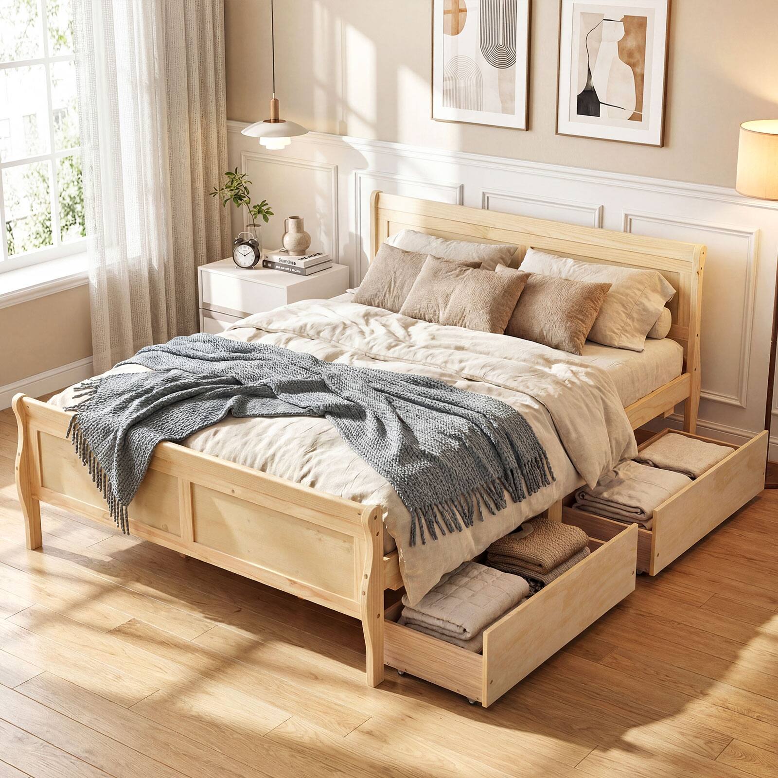 Alt View 4. Costway - Costway Full Size Bed Frame with Storage Drawers, Wood Platform Bed with Headboard Footboard - Natural.