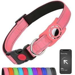 Leash Valley - Refurbished Excellent - Airtag Dog Collar With Holder For Dogs Reflective Soft Padded Safety Locking Buckle Nylon Pet Collars Adjustable All - Pink-Large (Pack of 1)