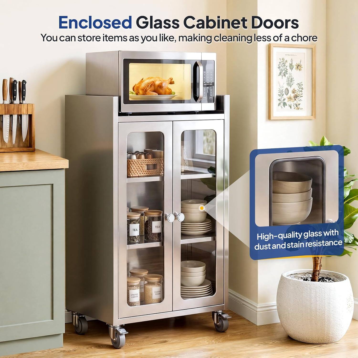 Enclosed Glass Cabinet Doors  
You can store items as you like, making cleaning less of a chore.  
High-quality glass with dust and stain resistance
