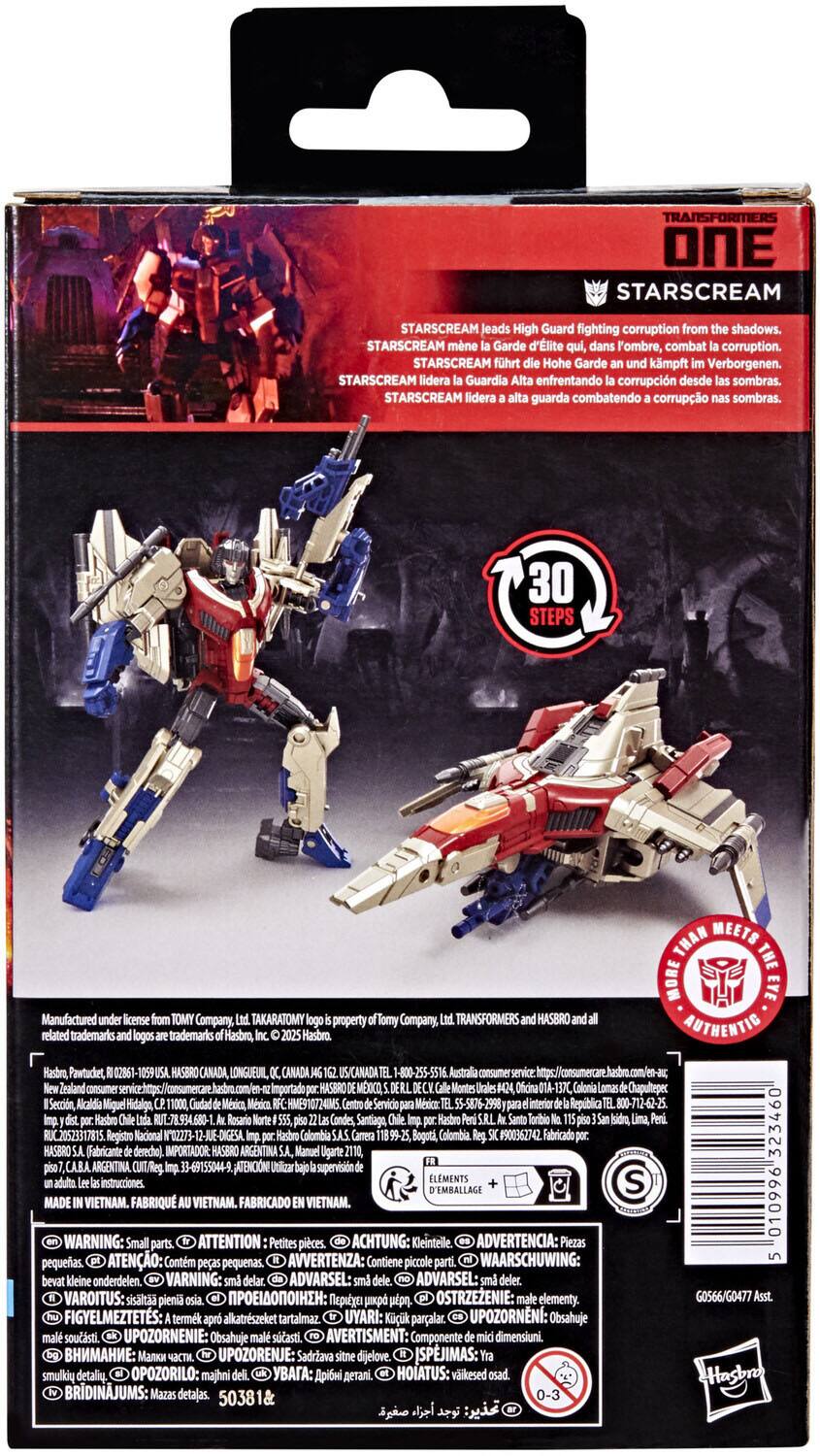 TRANSFORMERS ONE  
STARSCREAM  
STARSCREAM leads High Guard fighting corruption from the shadows.  
STARSCREAM mène Garde d'élite dans l'ombre, combat corruption.  
STARSCREAM führt Hohe Garde kämpft Verborgenen.  
STARSCREAM lidera Guardia enfrentando corrupción desde sombras.  
STARSCREAM lidera guarda combatendo corrupção nas sombras.  

30 STEPS  
Manufactured under license Company, TAKARATOMY property of Tomy Company, TRANSFORMERS HASBRO related trademarks logos trademarks Hasbro, Hasbro.  
THAN MEETS THE MORE EYE AUTHENTIC Hasbro, Pawtucket, HASBRO CANADA, LONGUEUIL, CANADA CANADA Australia consumer service Zealand consumer Importado HASBRO XCO, Calonia Sección, Aicalda Miguel Hidalga México, México HME910724IMS Servicio México: 55-5876-2998 interior República RUT-78.934.680-1 Condes, Santiago UC20523317815. Registro Nacional NO227