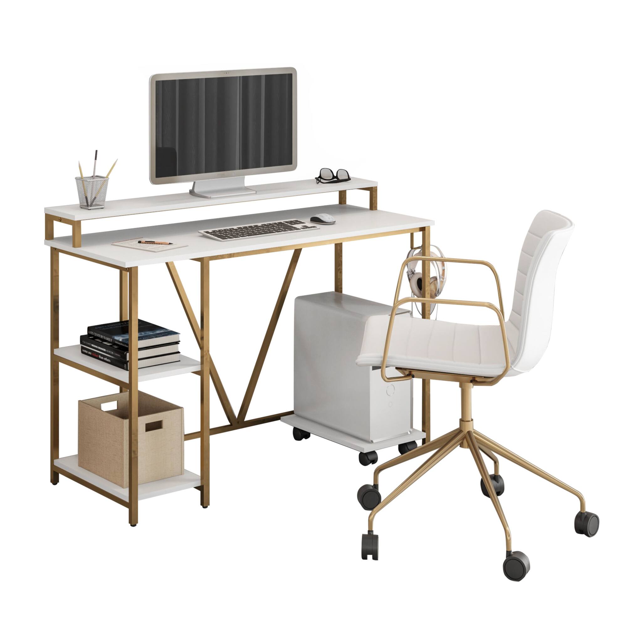 Angle. GOODSILO - Industrial Style Writing Desk with Open Shelves and Mobile CPU Caddy - Gold.