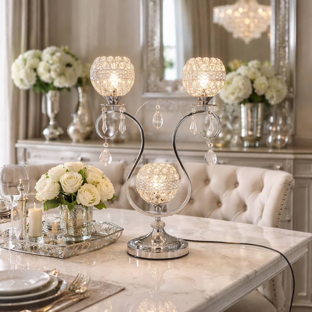 FC Design - 22"H Polished Silver Triple Arm Base w/ Faux Crystal Mesh Shades Touch Lamp