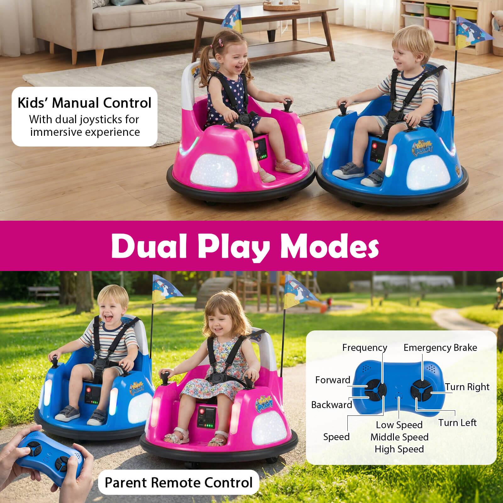 Kids' Manual Control  
With dual joysticks for immersive experience  

Dual Play Modes  

Parent Remote Control  
Frequency  
Emergency Brake  
Forward  
Backward  
Turn Right  
Turn Left  
Speed  
Low Speed  
Middle Speed  
High Speed