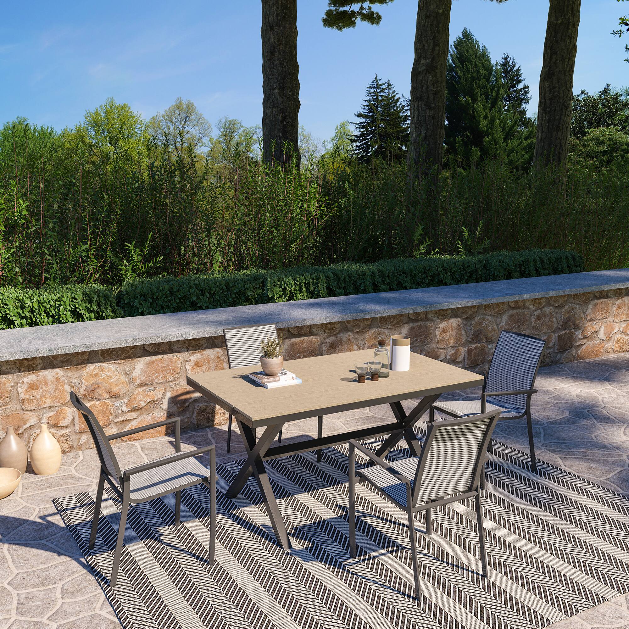 Back. Mondawe - Outdoor Dining Table with Plastic Wood Surface - Brown.