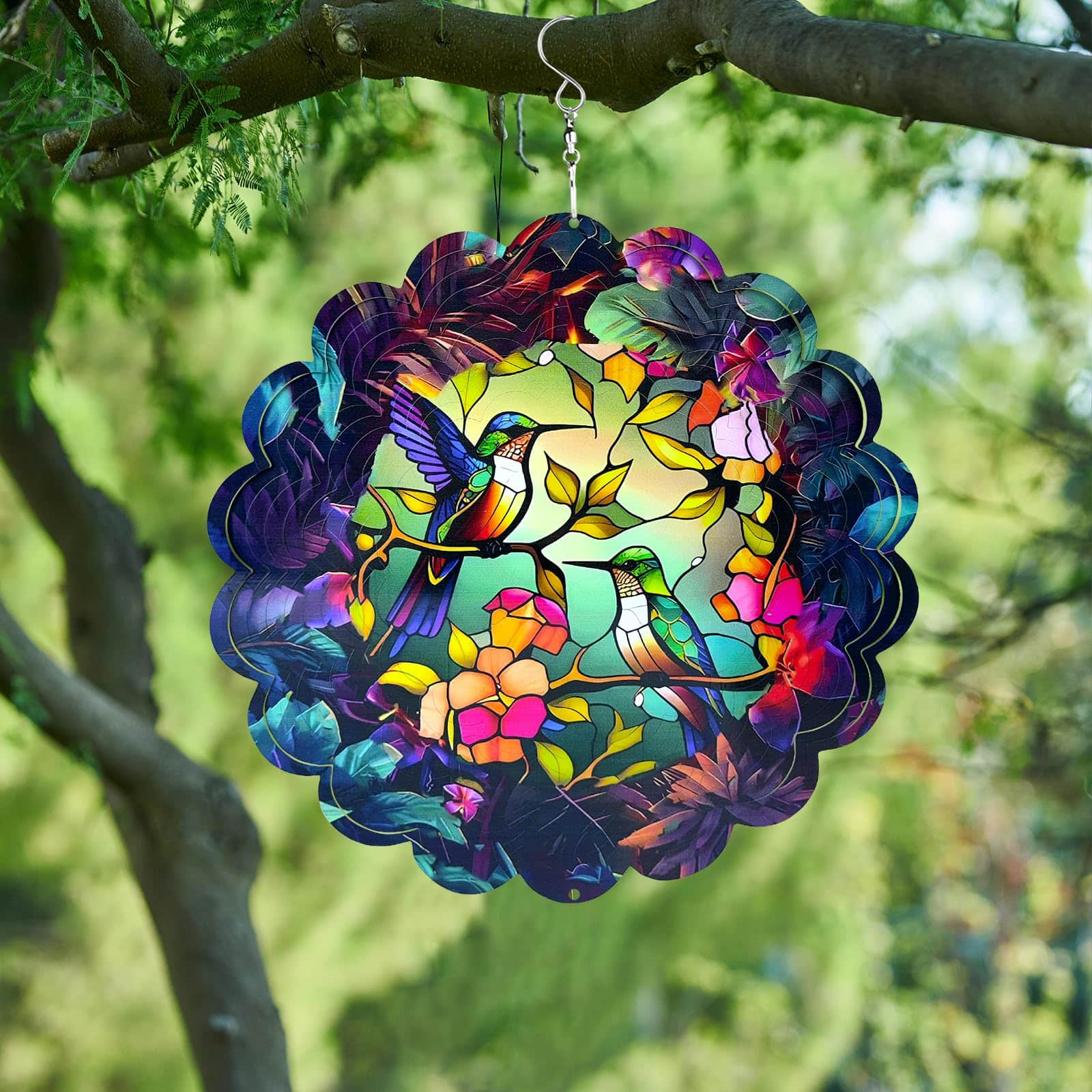 Fabibe - Wind Spinners Art Hummingbird 12 Inch 3d Stainless Steel Cut Metal Geometric Pattern Sculpture Hanging For Yard Garden - Colorful Birds