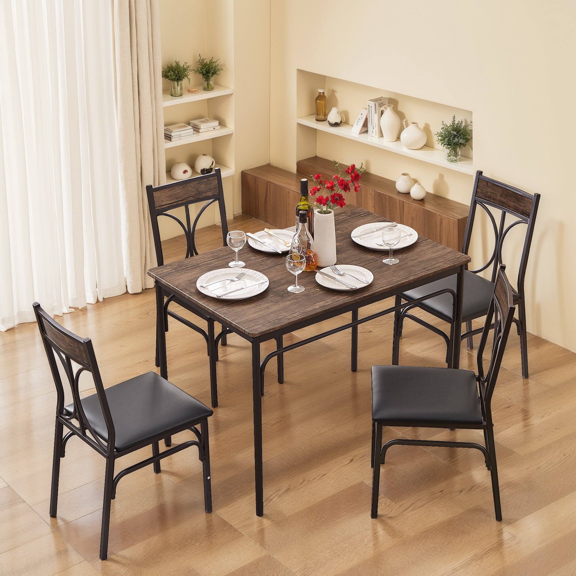 Alt View 4. Vecelo - 5-Piece Dining Set - Durable Metal & MDF Table with 4 Pu Lether Chairs - Brown.