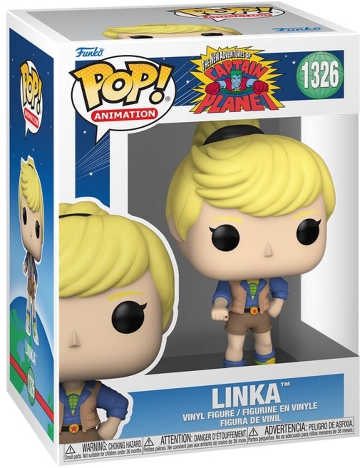 The text can be grouped as follows:

1. **Brand and Series**:
   - Funko
   - POP! Animation
   - The New Adventures of the New Captain Planet
   - 1326

2. **Character**:
   - Linka

3. **Warning**:
   - Choking Hazard
   - Petites pièces. Ne convient pas aux enfants de moins de 36 mois.
   - Petites parts. Not suitable for children under 36 months.
   - Pellets peligrosos. No se adecua para niños menores de 36 meses.
   - Pellets peligros de afixión. A advertencia: peligro de afixión.
   - Danger: pequeños. No es adecuado para niños menores de 36 meses.
   - Partes peligrosas. No se adecua para niños menores de 36 meses.
   - Parts peligros. No se adecua para niños menores de 36 meses.
   - Petits pièces. Danger: étouffement.
   - Petits parts. Danger: choking hazard.
   - Parts peligrosas. No se adecua para niños menores de 36 meses.
   - Partes peligrosas. No se adecua para niños menores de 36 meses.
   - Parts peligros. No se adecua para niños menores de 36 meses.
   - Parts peligrosas. No se adecua para niños menores de 36 meses.
   - Parts peligros. No se adecua para niños menores de 36 meses.
   - Parts peligrosas. No se adecua para niños menores de 36 meses.
   - Parts peligros. No se adecua para niños menores de 36 meses.
   - Parts peligrosas. No se adecua para niños menores de 36 meses.
   - Parts peligros. No se adecua para
