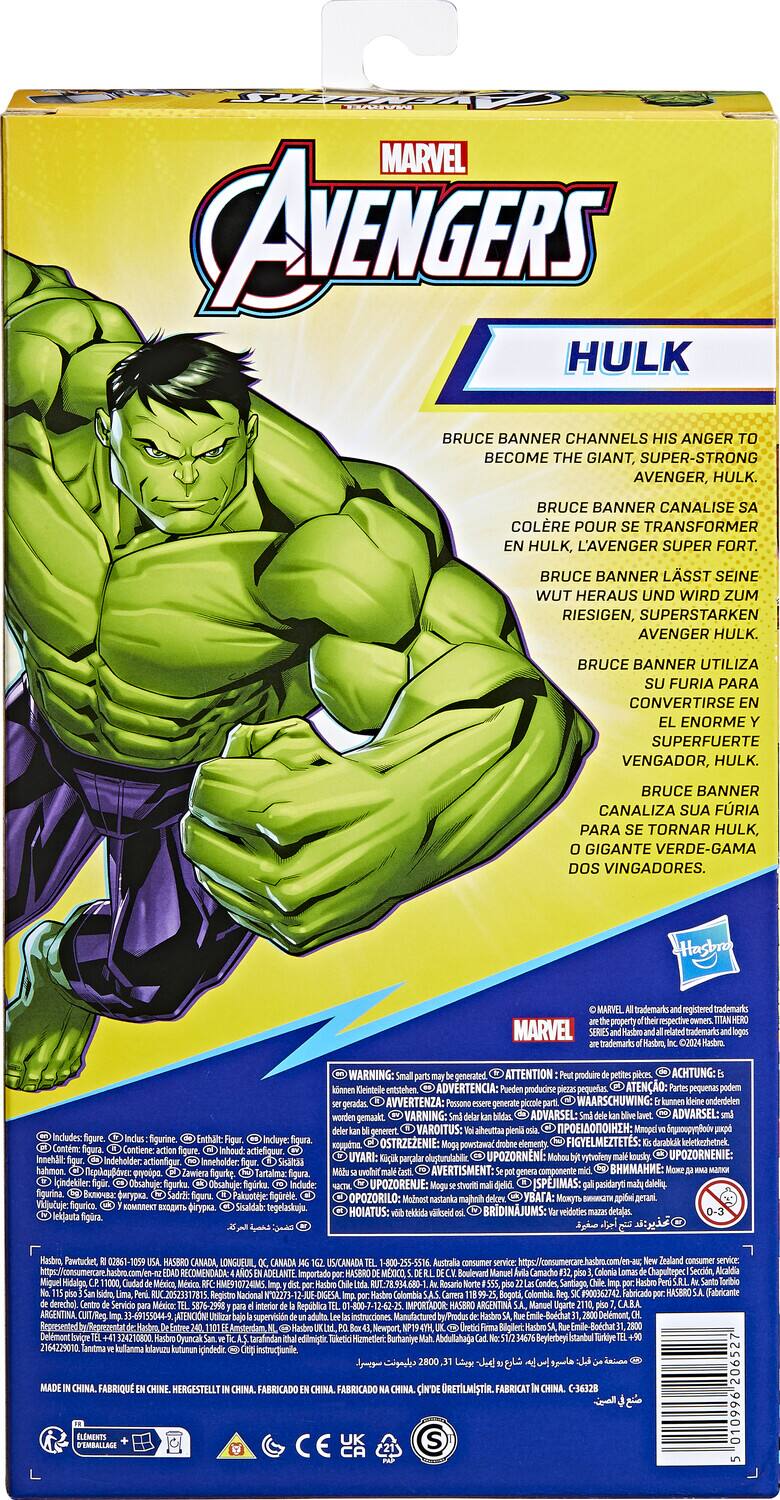 Here is the corrected and grouped text:

**Marvel Avengers Hulk**

Bruce Banner channels his anger to become the giant, super-strong Avenger, Hulk. Bruce Banner canalise sa colère pour transformer Hulk, l'Avenger super fort. Bruce Banner lässt seine Wut heraus und wird zum riesigen, superstarken Avenger Hulk. Bruce Banner utiliza su furia para convertirse en enorme superfuerte vengador, Hulk. Bruce Banner canaliza sua fúria para tornar Hulk, gigante verde-gama dos Vingadores.

**Includes:**
- Action figurine

**Warning:** Small parts. Not for children under 3 years.

**Trademarks registered respective Marvel trademarks.**

**Incluye:**
- Figurine

**Indeholder:**
- Actionfigur

**Obsahuje:**
- Figurku

**Pakuobtje:**
- Figurico

**Sisaldab:**
- Tegelaskuju

**lejkauta:**
- Figurine

**ATTENTION:**
- Pequenas partes. No recomendado para menores de 3 años.

**ACHTUNG:**
- Kleinsteile. Nicht für Kinder unter 3 Jahren geeignet.

**ADVERTENCIA:**
- Piezas pequeñas. No apto para menores de 3 años.

**ATENO:**
- Pequeñas partes. No apto para menores de 3 años.

**AVVERTENZA:**
- Elementi piccoli. Non adatto ai minori di 3 anni.

**WAARSCHUWING:**
- Klein onderdelen. Niet geschikt voor kinderen onder 3 jaar.

**VAROITUS:**
- Pieni osat. Ei sopattu lapsille alle 3 vuotta.

**ADVARSEL:**
- Små delar. Ikke anbefales for barn under 3 år.

**IANI:**
- Ostrzeżenie: powstają elementy. Nie dla dzieci poniżej 3 lat.

**FIGYE:**
- Figyelmeztetés: kis darabok. Nem ajánlott 3 éves alatti gyermekeknek.