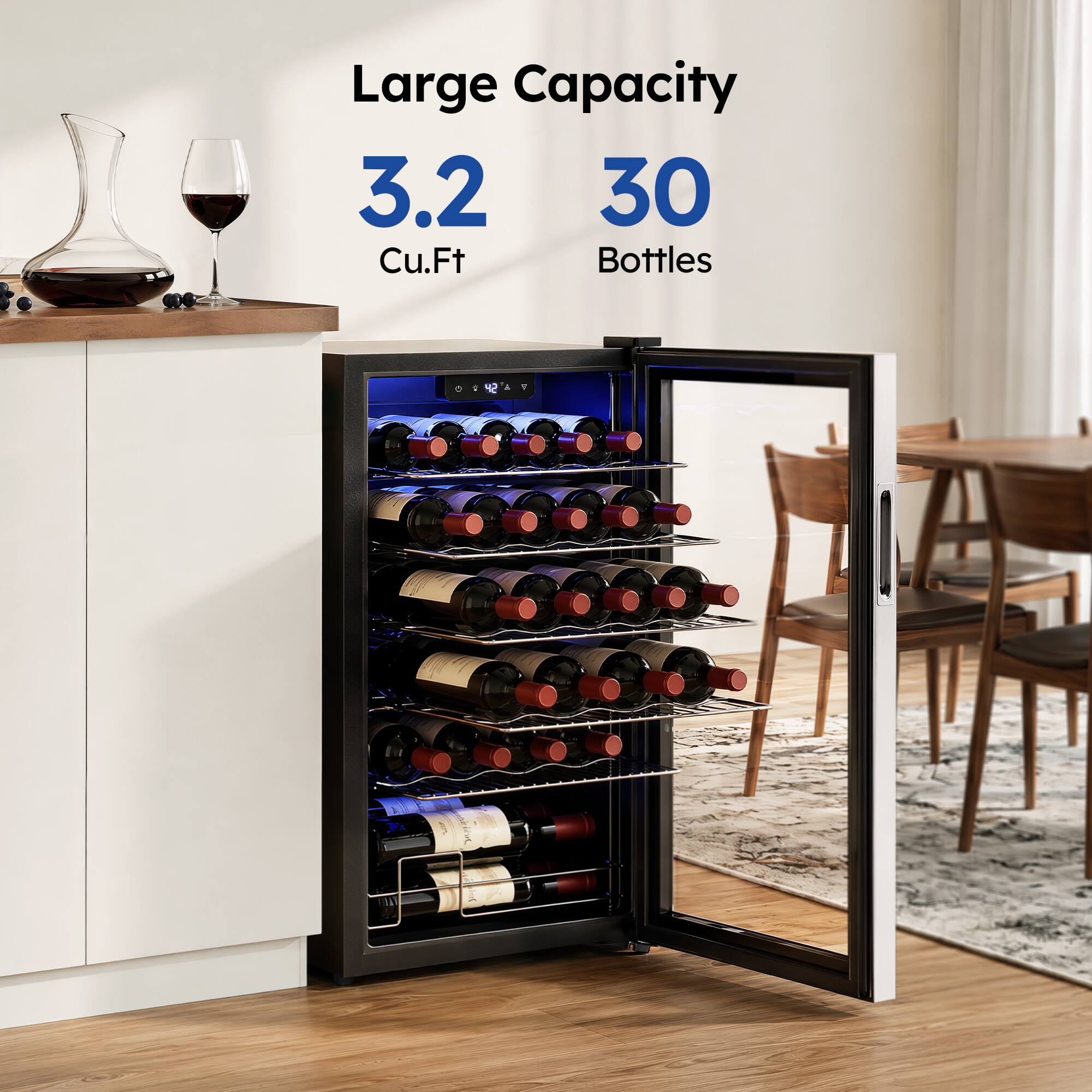 Large Capacity  
3.2 Cu.Ft  
30 Bottles