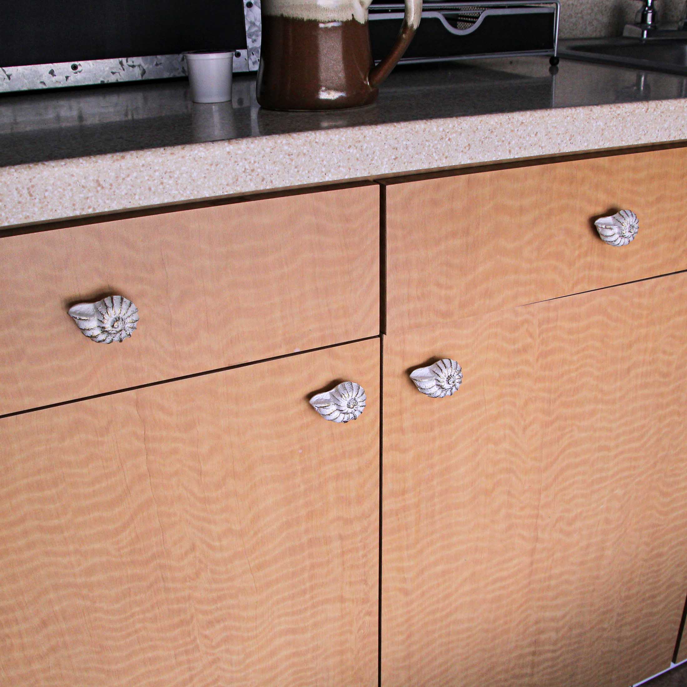 Alt View 3. Zeckos - White Cast Iron Nautilus Shell Drawer Pull Decorative Cabinet Knob Set of 6 - White.