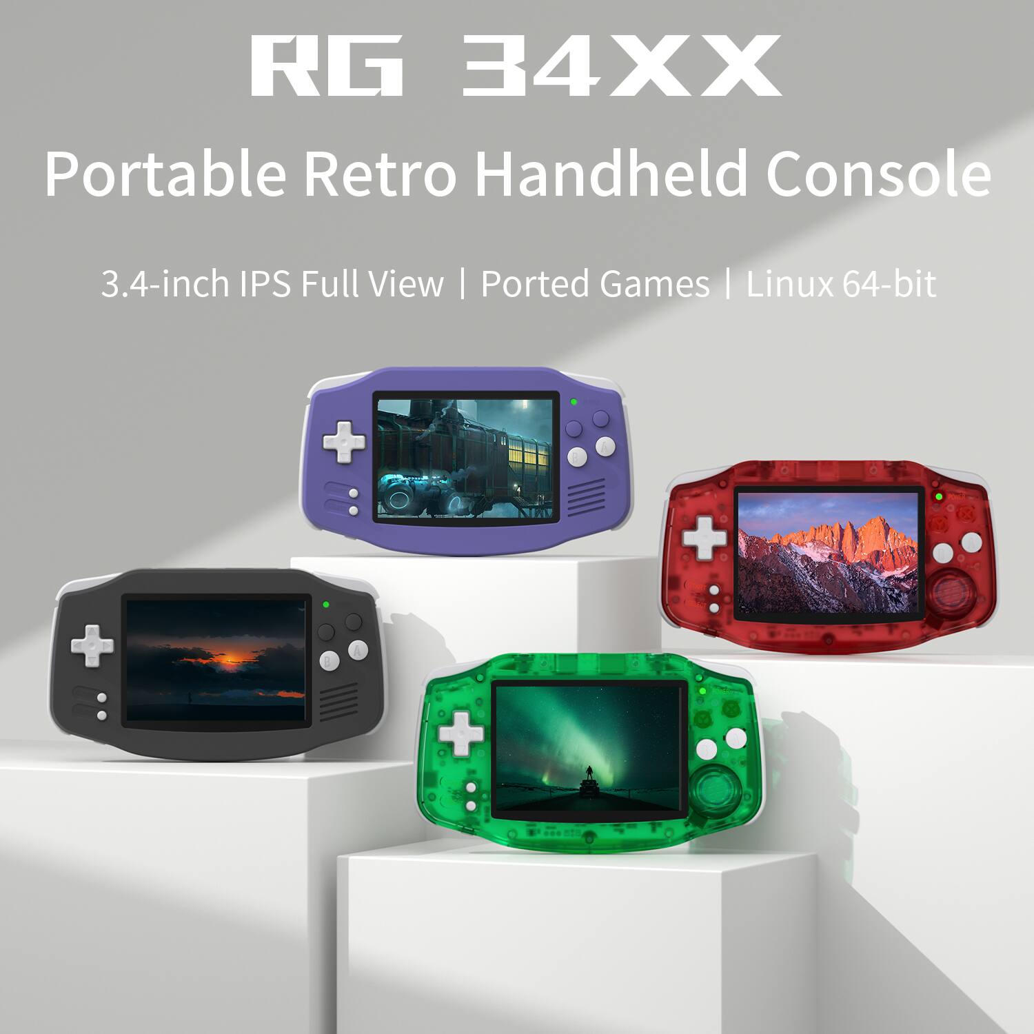 RG 34XX  
Portable Retro Handheld Console  
3.4-inch IPS Full View | Ported Games | Linux 64-bit