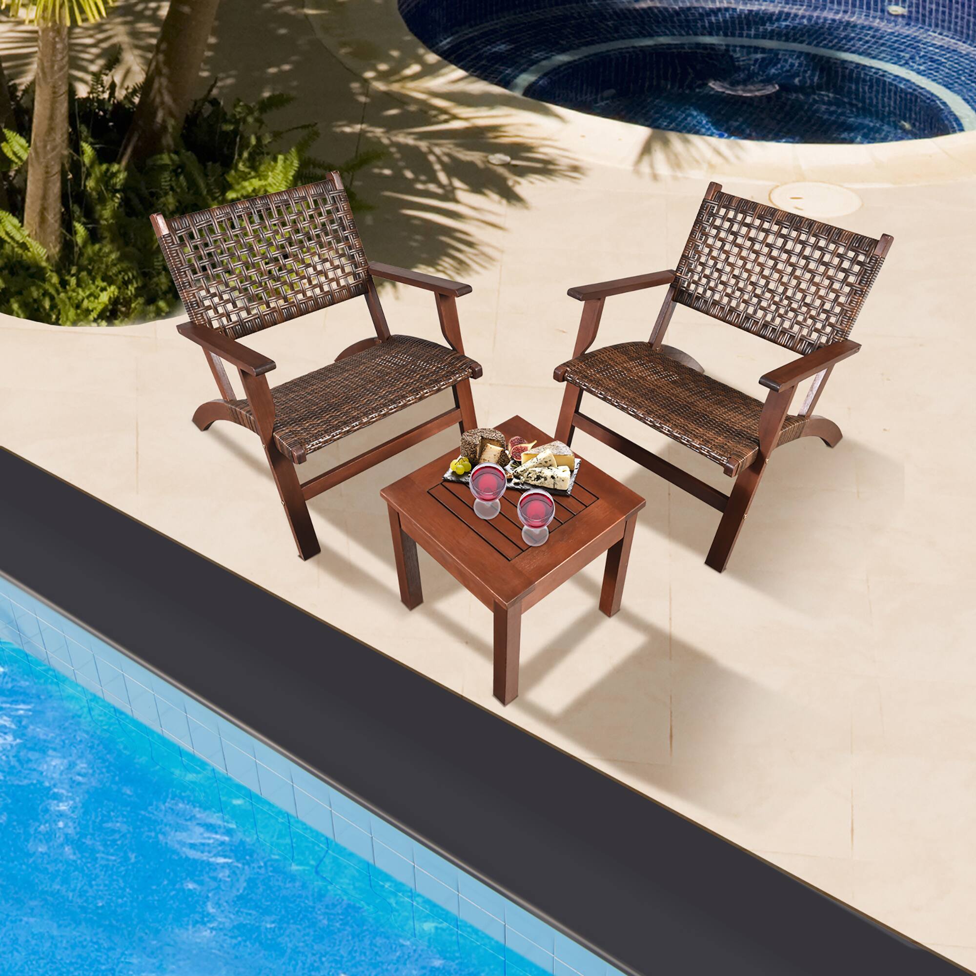 Alt View 2. Gymax - Gymax 3PCS Rattan Patio Chair & Table Set Outdoor Furniture Set w/ Wooden Frame - Brown.