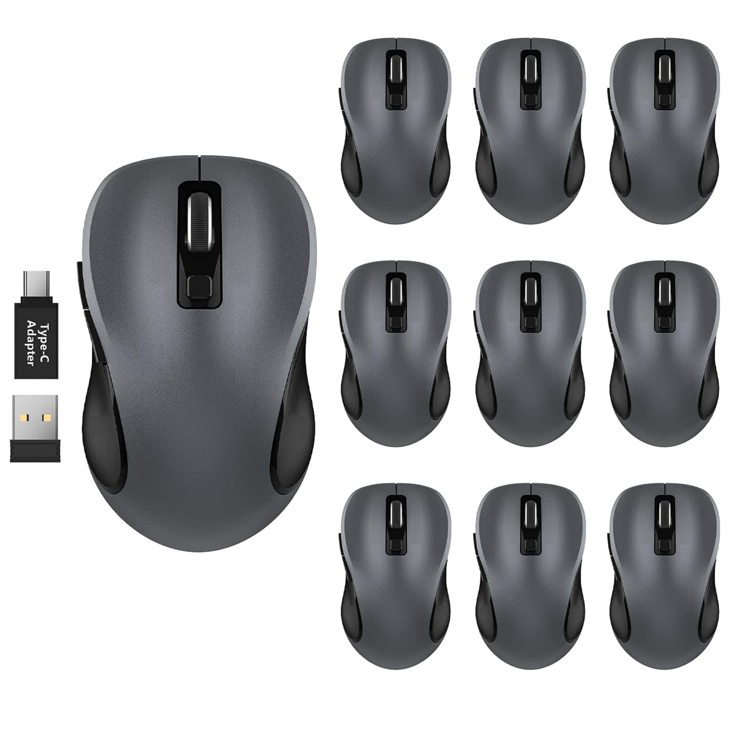 Comfort Essence - Wireless Mouse For Laptop Computer With Usb Receiver And Type c Adapter 3 Adjustable Levels 6 Button - Wireless - Grey-10 pack-10 Pack