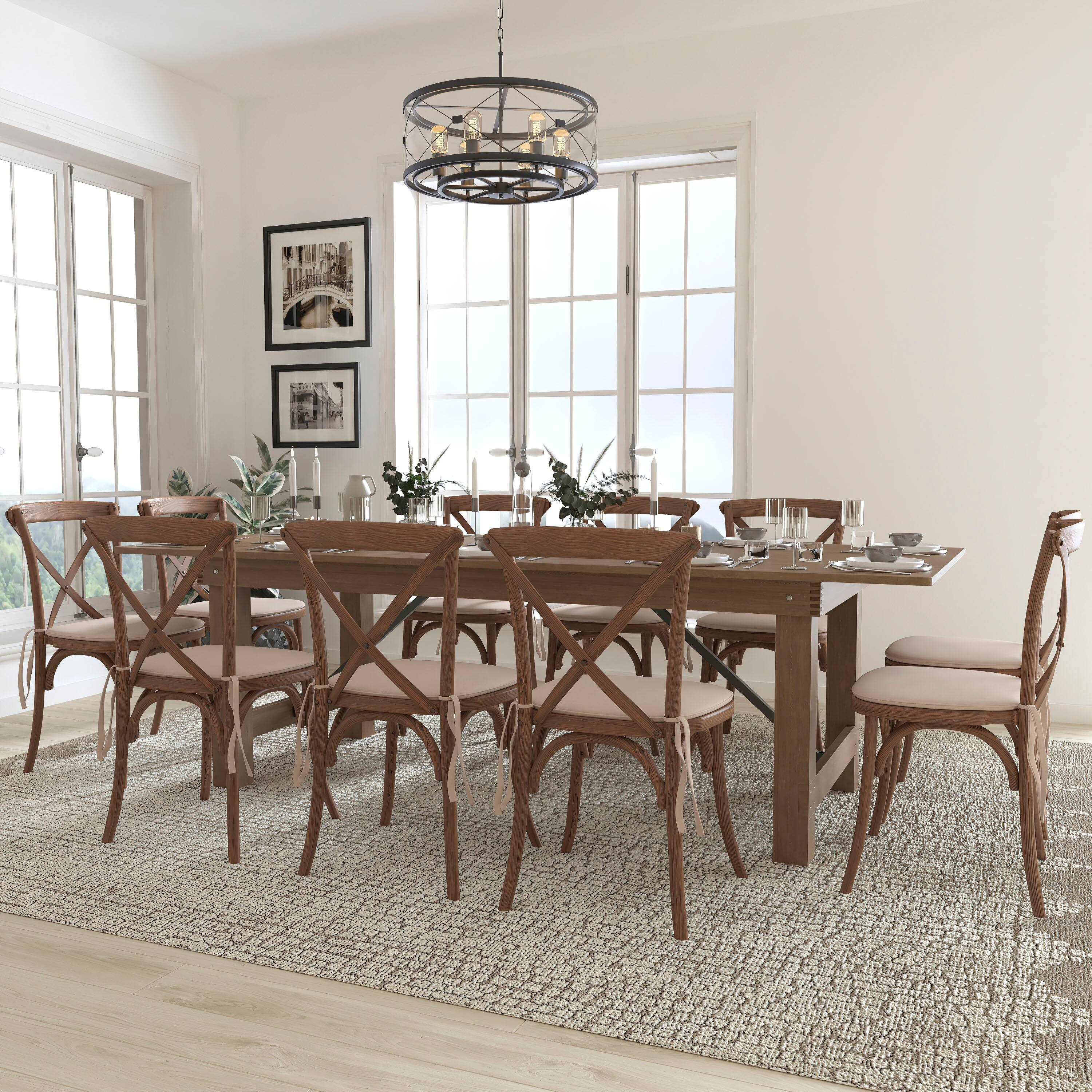 Angle. Flash Furniture - HERCULES Series 8' x 40'' Antique Rustic Folding Farm Table Set with 10 Cross Back Chairs and Cushions - Brown.