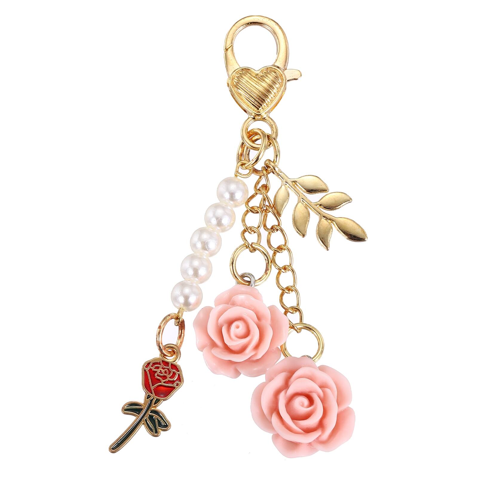 Front. Unique Bargains - Rose Flower Key Chains w/ LOVE Mini Rose Pendant Keyrings, Elegant Car Keychains for Women Purse Handbag Bag Keys - Pink.