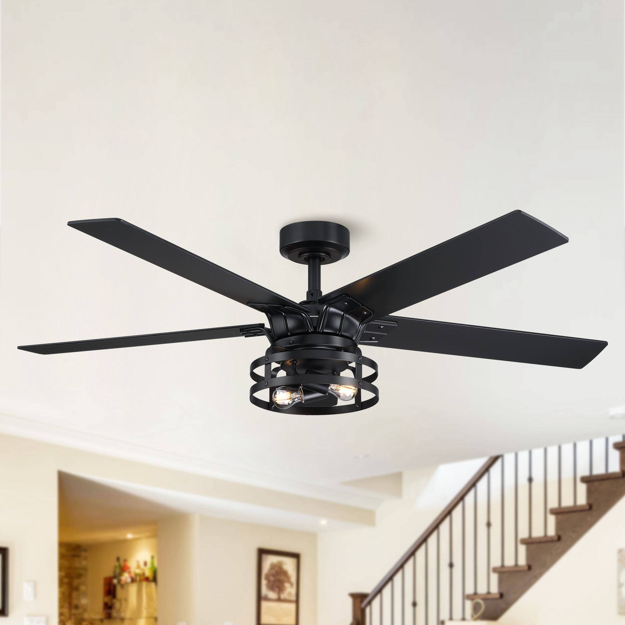 Alt View 1. Parrot Uncle - 52 in. Modern Matte Black Reversible Blades Ceiling Fan with Light and Remote - Black.