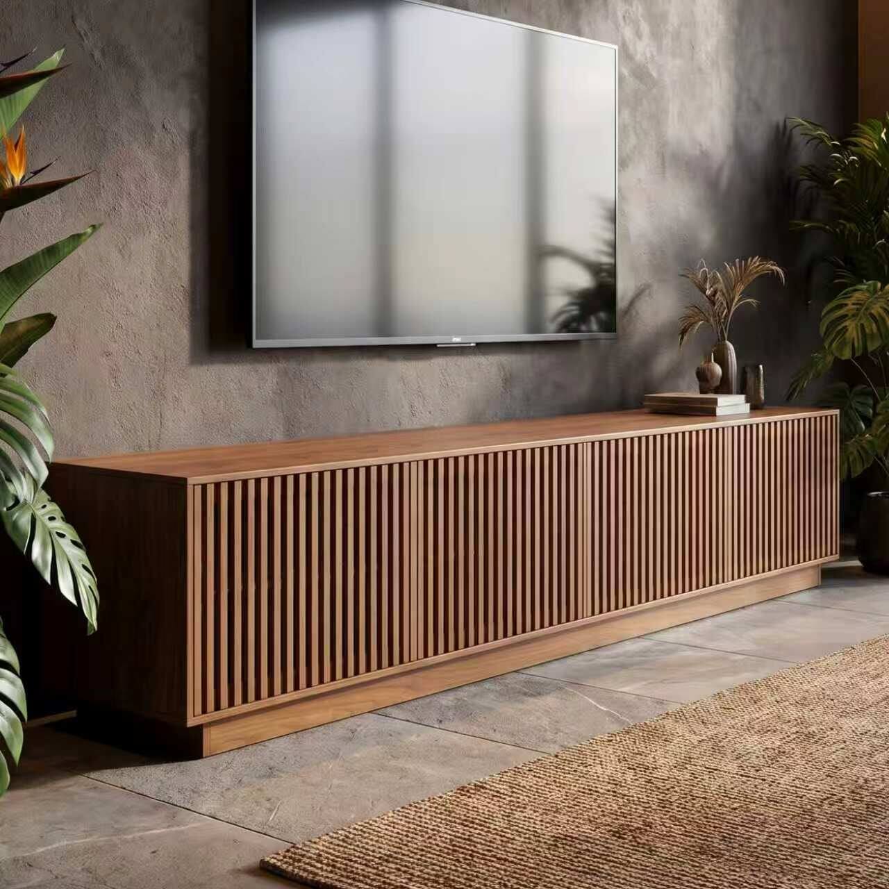 Alt View 5. luck idea - Slatted Wood TV Stand, 86.61 Inch Low‑Profile Media Console with Storage Cabinets for TVs Up to 85 Inch - brown.