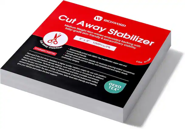 Cut Away Stabilizer
Medium Weight Non-woven Embroidery Backing with Stacking Stability
9" x 9"
100Pcs/Pk
RICHWORD
baby-grade skin-friendly & extraordinary
0 methanal / Acid Free
Richword 2.5oz Cut Away Stabilizer is high stitch counts and medium density, ideal for unstable and knit fabrics for business or hobby. 0 formaldehyde, baby-level skin-friendly and healthy.
Economically priced with OEKO-TEX Certification, super skin-friendly, ideal for unstable and knit fabrics for business or hobby. 0 formaldehyde, baby-level skin-friendly and healthy.
Provide great stability for business and hobby.
OEKO-TEX®
2.5oz
44 g/m²