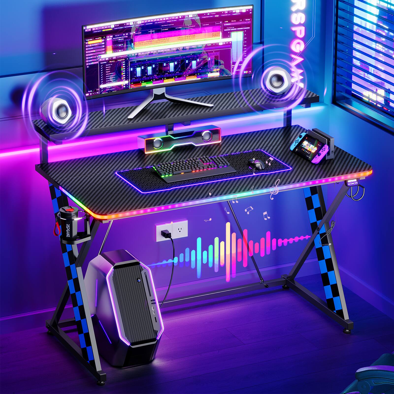 Left. RSPGAME - Basic 43" Music Sync LED Gaming Desk w/ Dynamic Color-Changing & Racing Gear Style,Ergonomic Monitor Stand Computer Desk - Blue & Black.