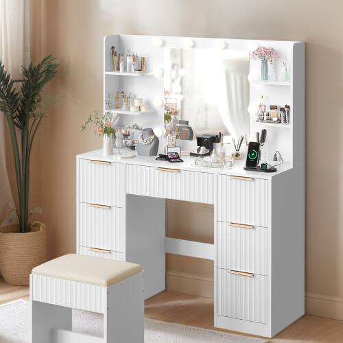 Alt View 1. Winado - Fluted Makeup Vanity Set with Lighted Mirror & Charging Station, Dressing Table w/ 7 Drawers for Femal Gift - White.